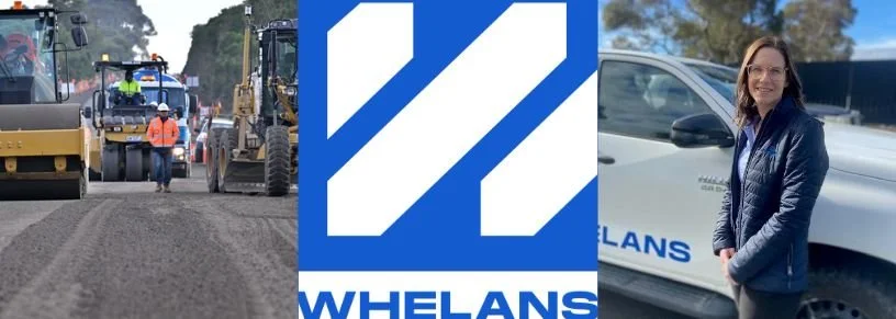 Construction workers and machinery working on a road, a logo with diagonal stripes and the name "Whelans," and a woman standing beside a white vehicle with a company logo in a parking lot.