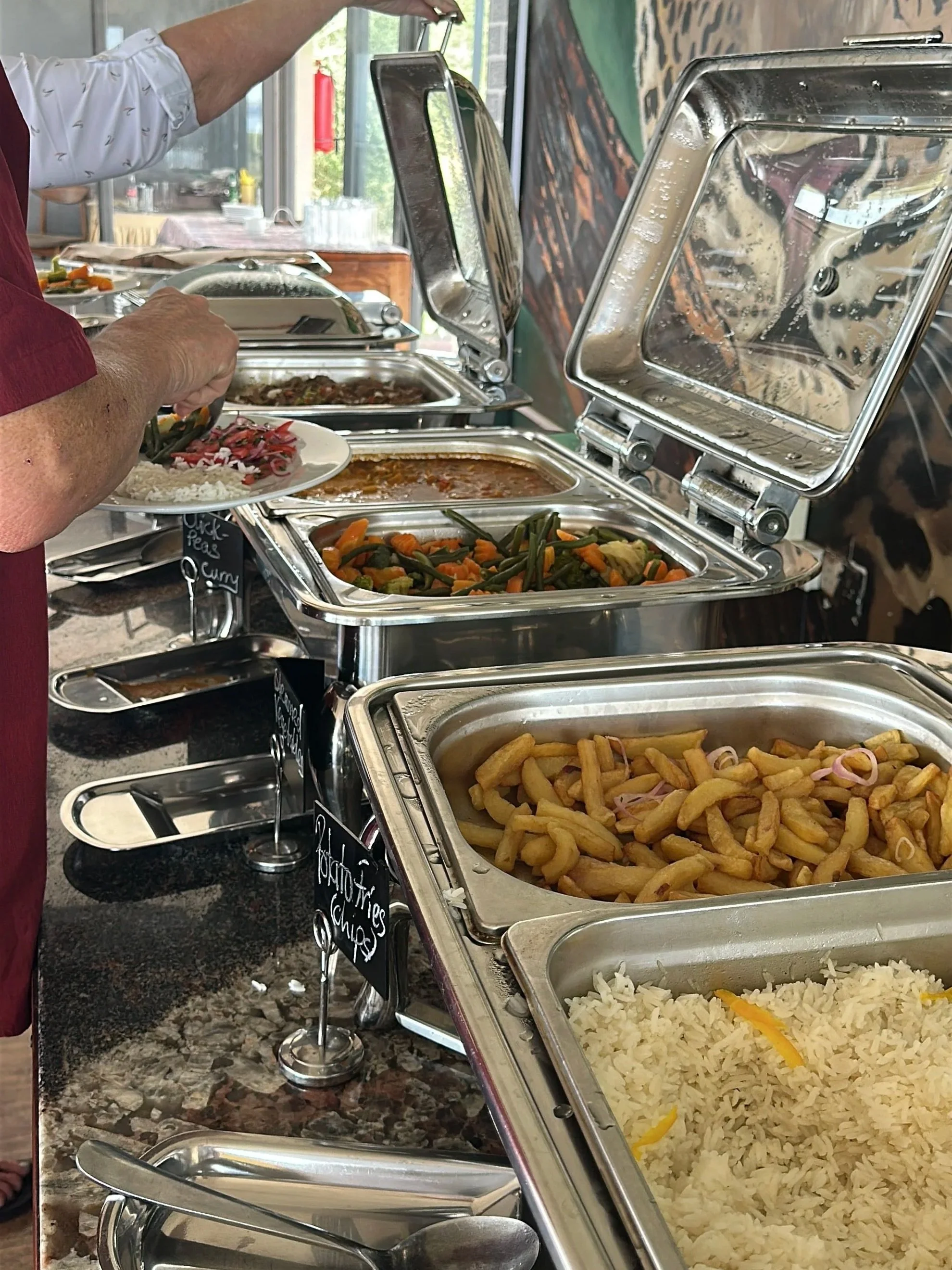 Food buffet at safari lodge in Uganda Africa