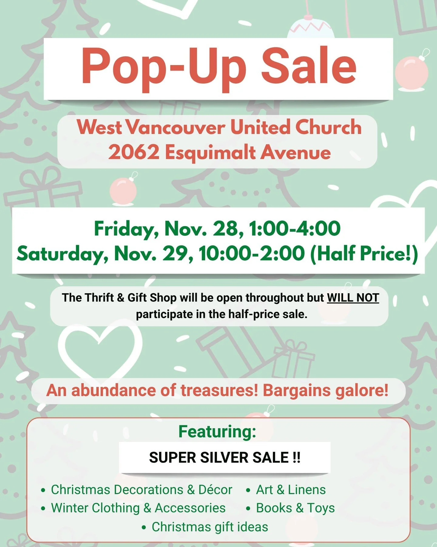 Our next pop-up sale is coming up on November 28 and 29! Is Christmas shopping on your to-do list? Come and check out all sorts of treasures.

#thriftshop #popupsale #westvancouver #christmasiscoming🎄