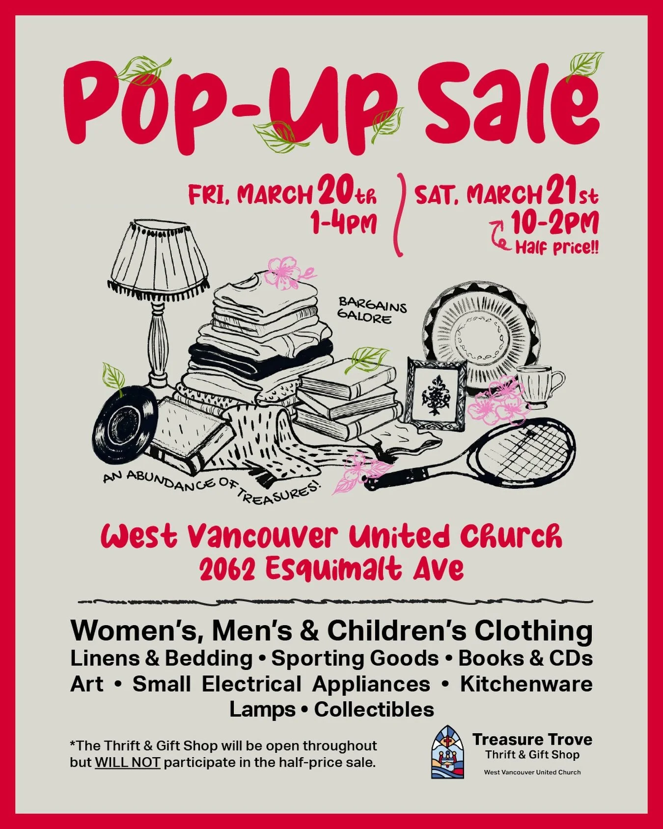 You never know what treasures you might find&hellip; 👀

The Treasure Trove Pop-Up Sale is back &mdash; filled with all kinds of discoveries.

Clothing &bull; Books &bull; Art &bull; Kitchenware &bull; Home goods &bull; Collectibles

Pop-Up Sale Hour