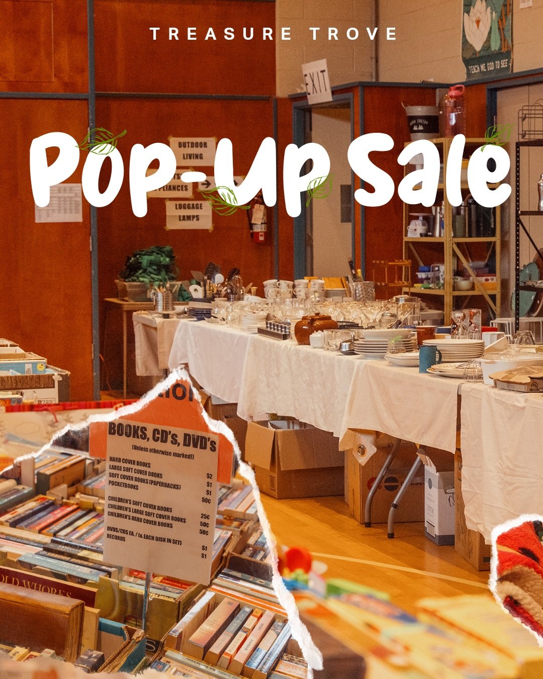 You never know what treasures you might find&hellip; 👀

The Treasure Trove Pop-Up Sale starts tomorrow

Clothing &bull; Books &bull; Art &bull; Kitchenware &bull; Home goods &bull; Collectibles

Pop-Up Sale Hours

📅 Friday, Mar 20 &mdash; 1:00&ndas