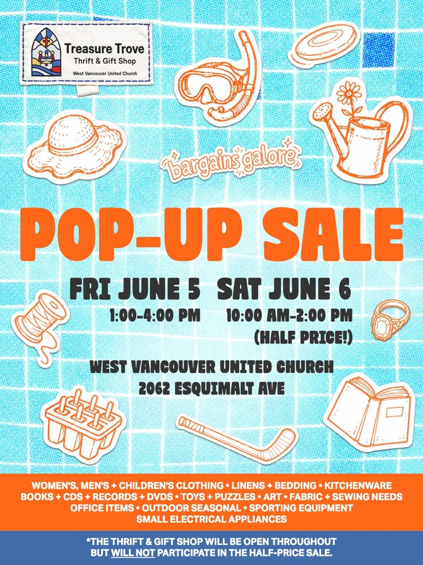 Ready for a summer treasure hunt? ☀️👀

Treasure Trove Pop-Up Sale is back with a fresh summer feel, filled with all kinds of discoveries.

Featuring:
Women&rsquo;s, Men&rsquo;s &amp; Children&rsquo;s Clothing &bull; Linens &amp; Bedding &bull; Kitch