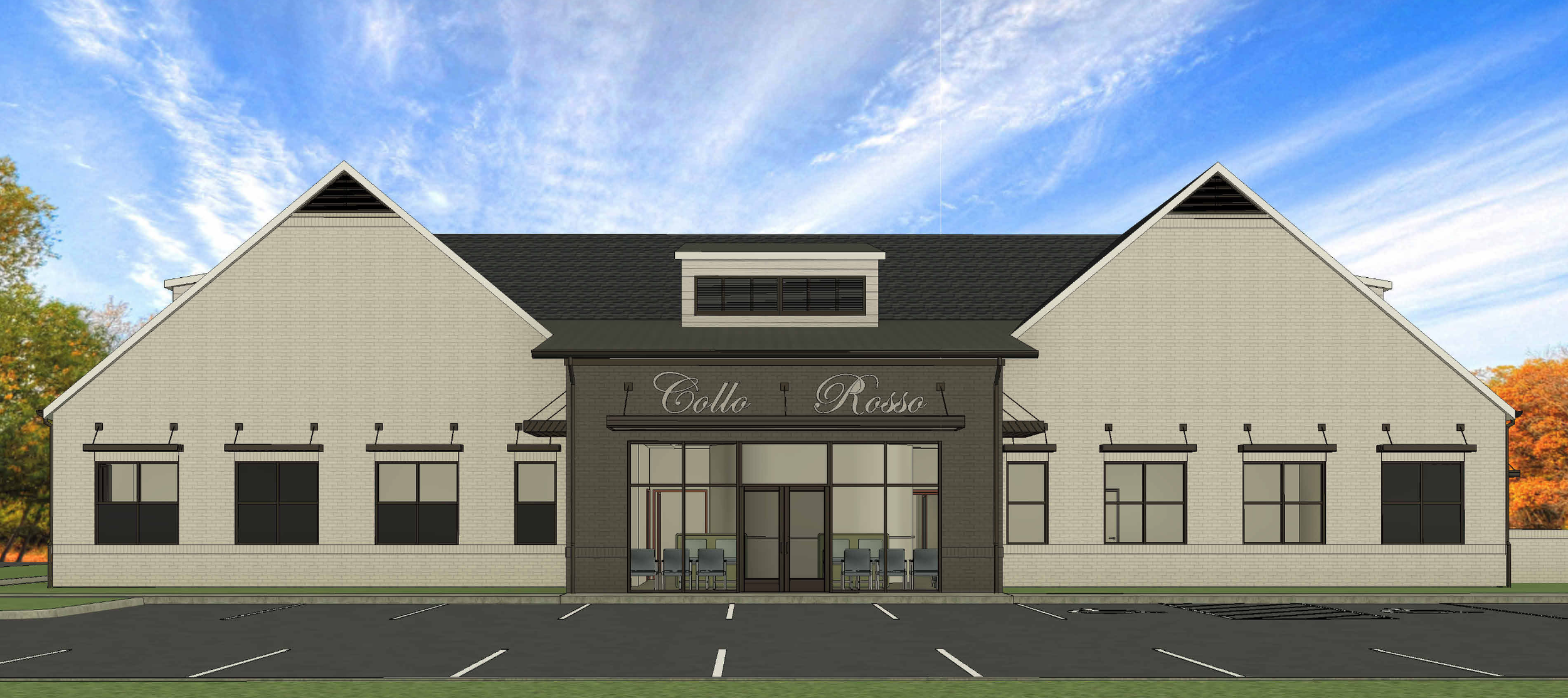 A modern commercial building with beige brick exterior, black-framed windows, and a dark roof. The front entrance has large glass doors and windows, with a sign that reads "Collo Rosso" above. There is a parking lot with marked spaces in front, and the sky is partly cloudy with trees showing fall colors in the background.