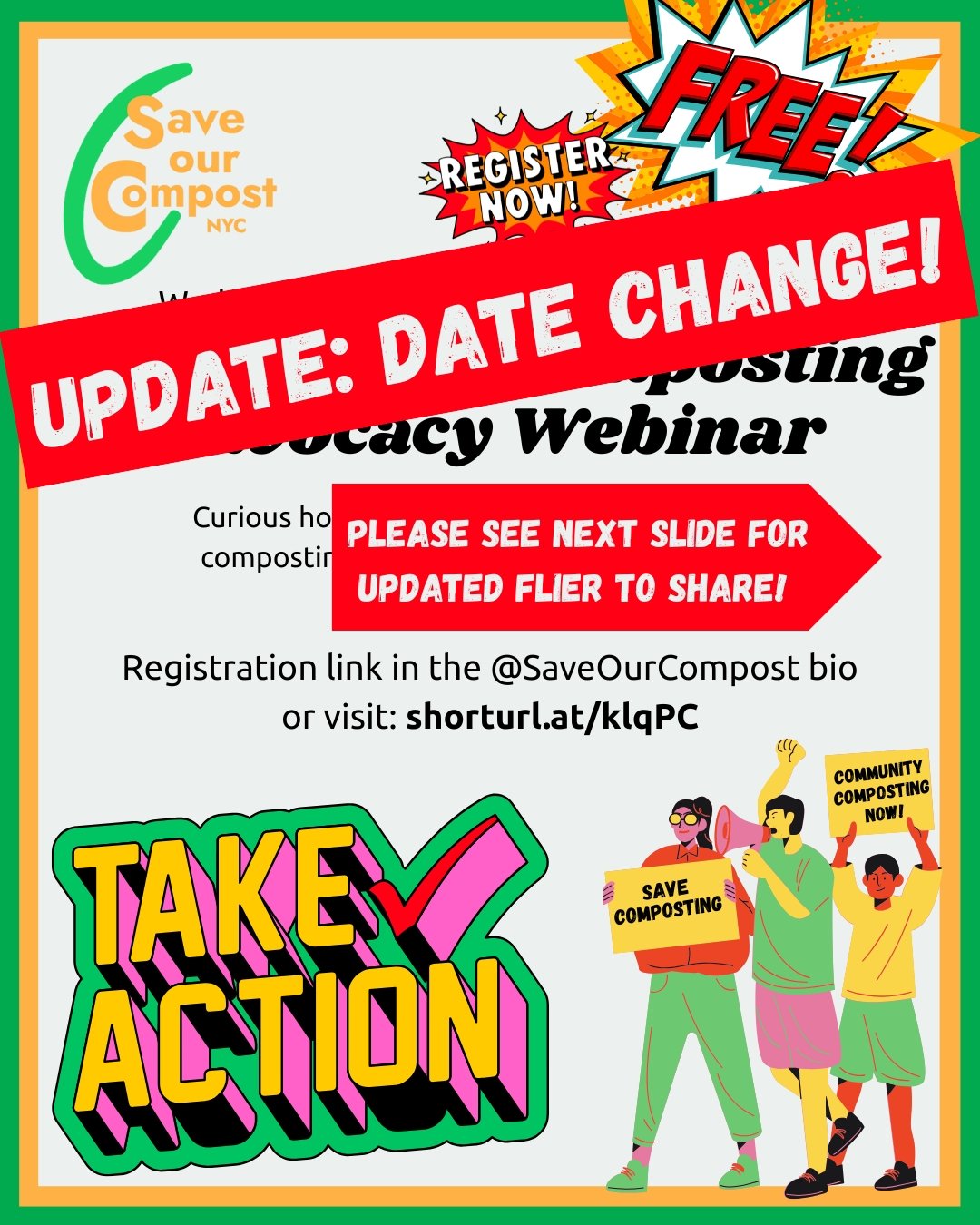 📣 UPDATE: The date has changed for the Community Composting Webinar! Please share the updated flier when spreading the word! 

Join us on Wednesday Mar 19, 2025 from 6pm to 7:30pm ET for a Community Composting Advocacy Webinar! If you've been wonder