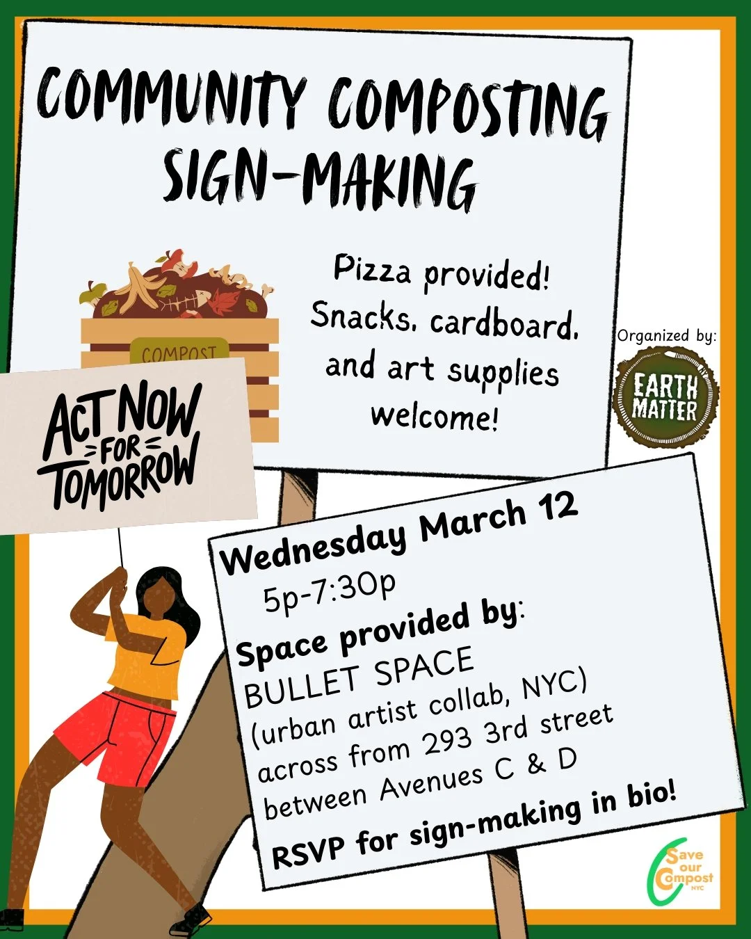 UPDATED EVENT! TOMORROW! Help us spread the word ❤️

Want to help support Community Composting in NYC?? RSVP to attend this Sign-Making event 🎉 Thanks goes to @earthmatterny for organizing!

Come together with community and help to create signs to t