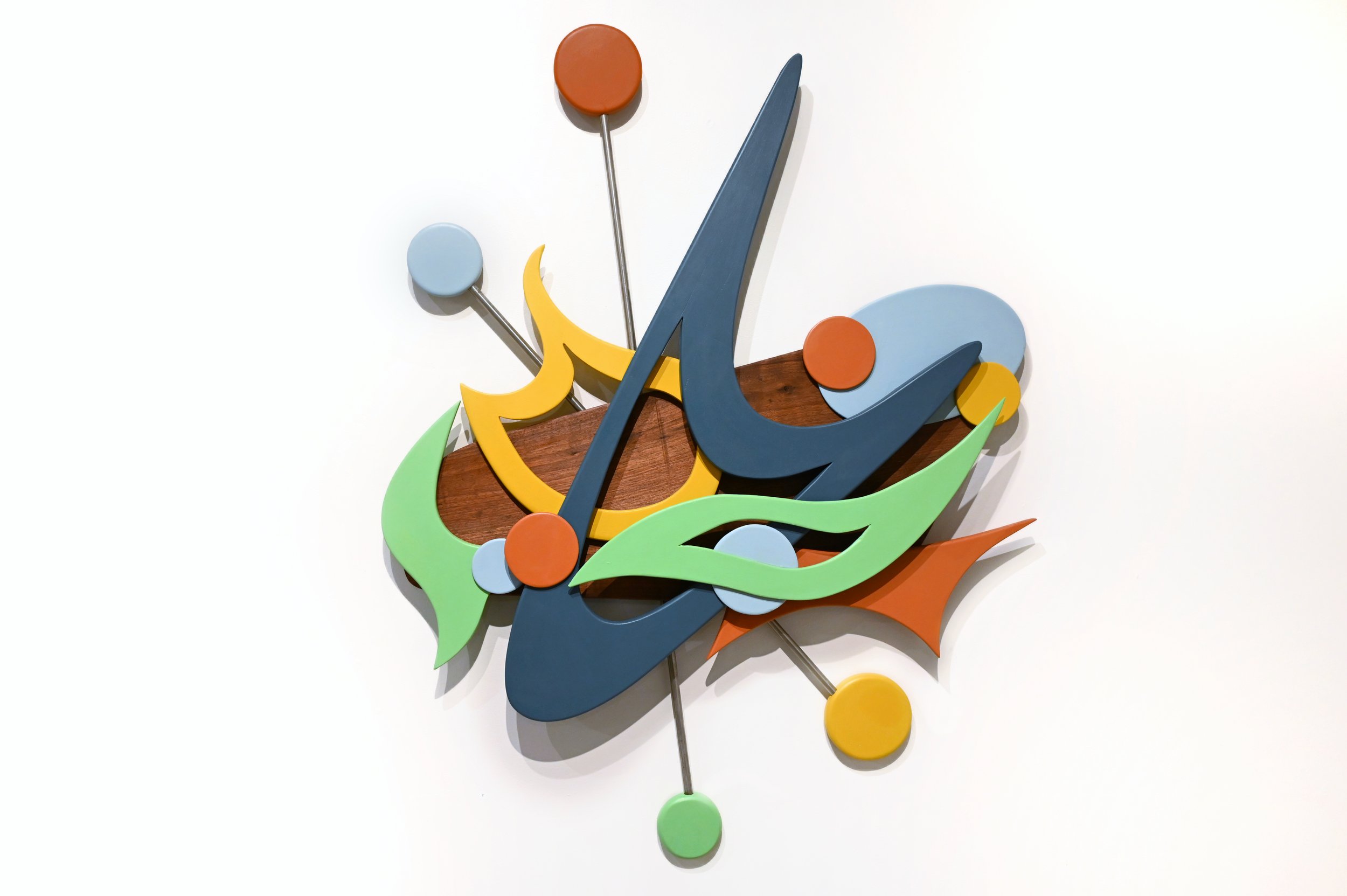 Boomerang Bang - Painted Birch Wood, Walnut Wood, Steel Rod, 36” x 30”