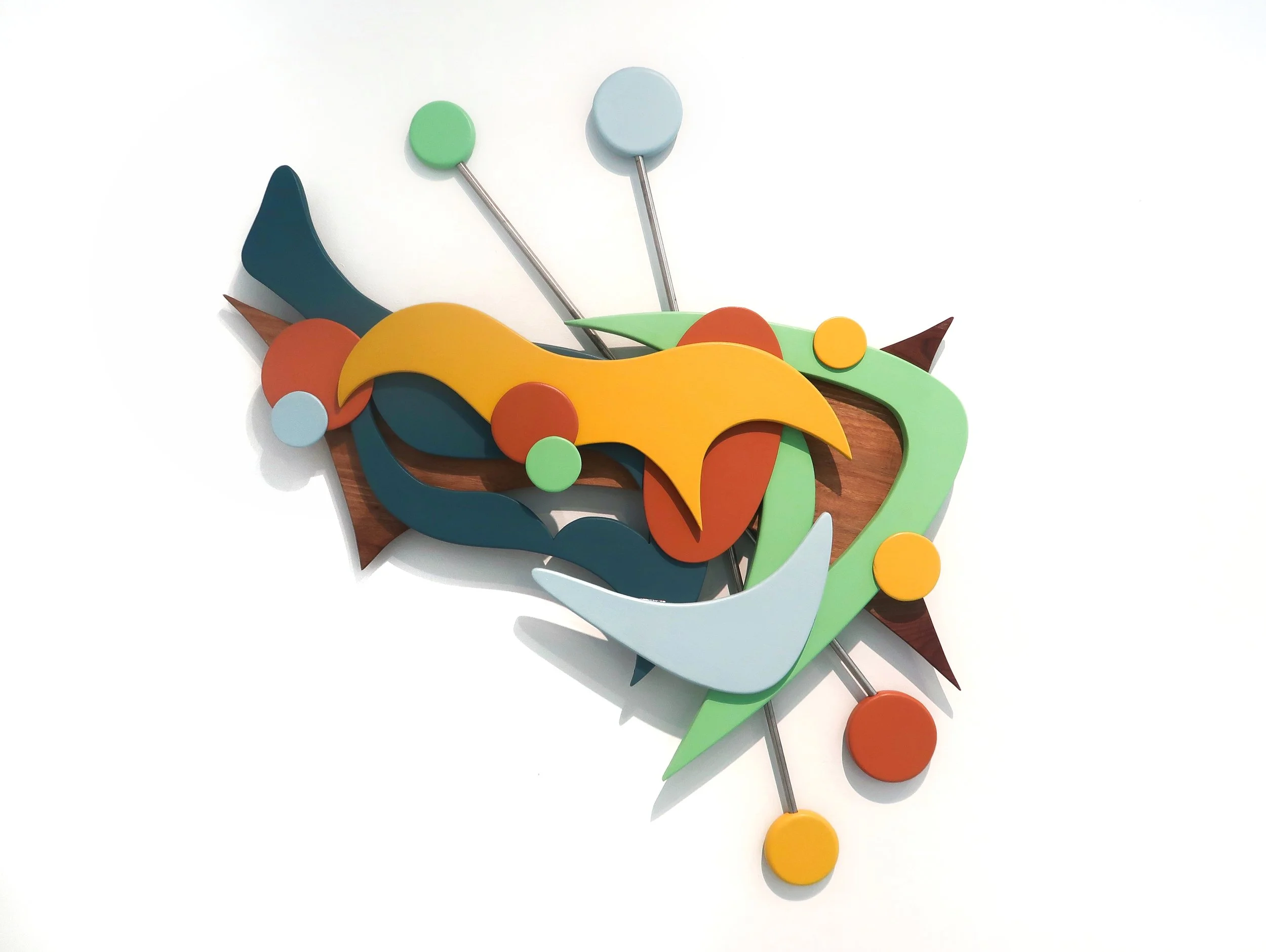 Starburst Sands - Painted Birch Wood, Walnut Wood, Steel Rod, 36” x 27”