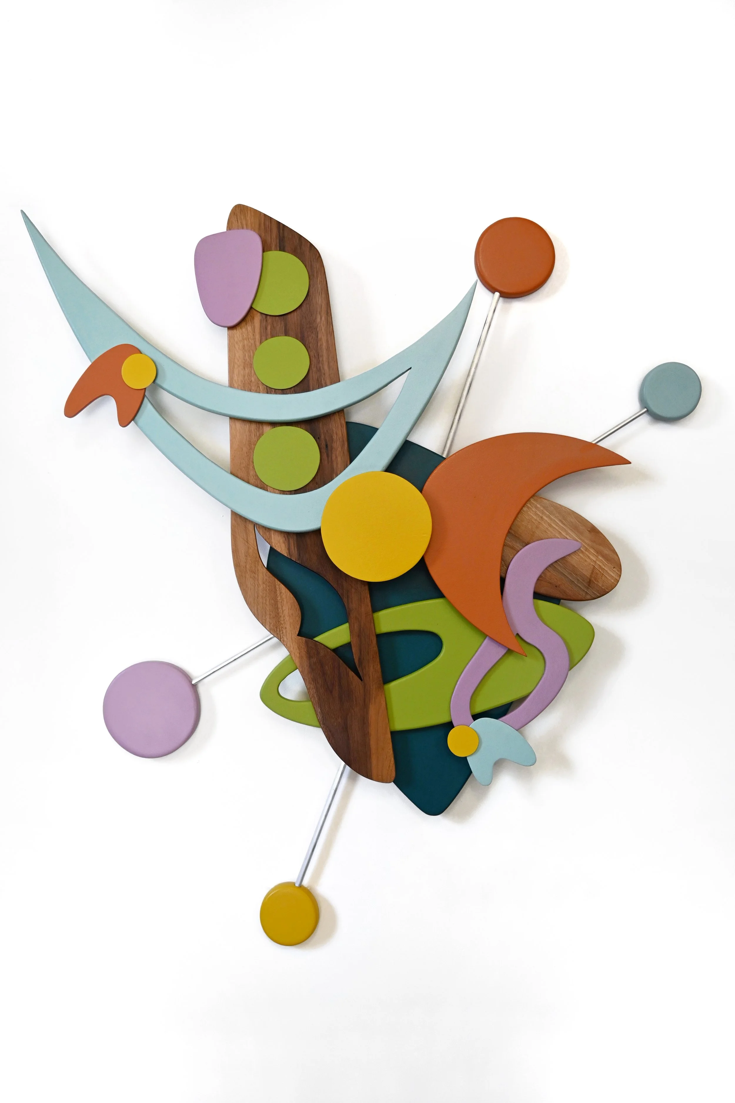 Oblong Orbit - Painted Birch Wood, Walnut Wood, Aluminum Rod, 35" x 30 1/2"