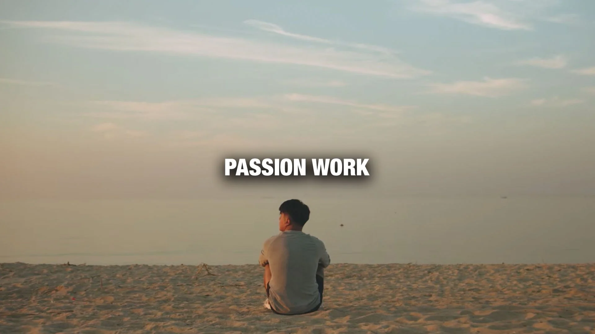 A person sitting on a sandy beach facing the water, with the words 'PASSION WORK' overlaid in the sky.