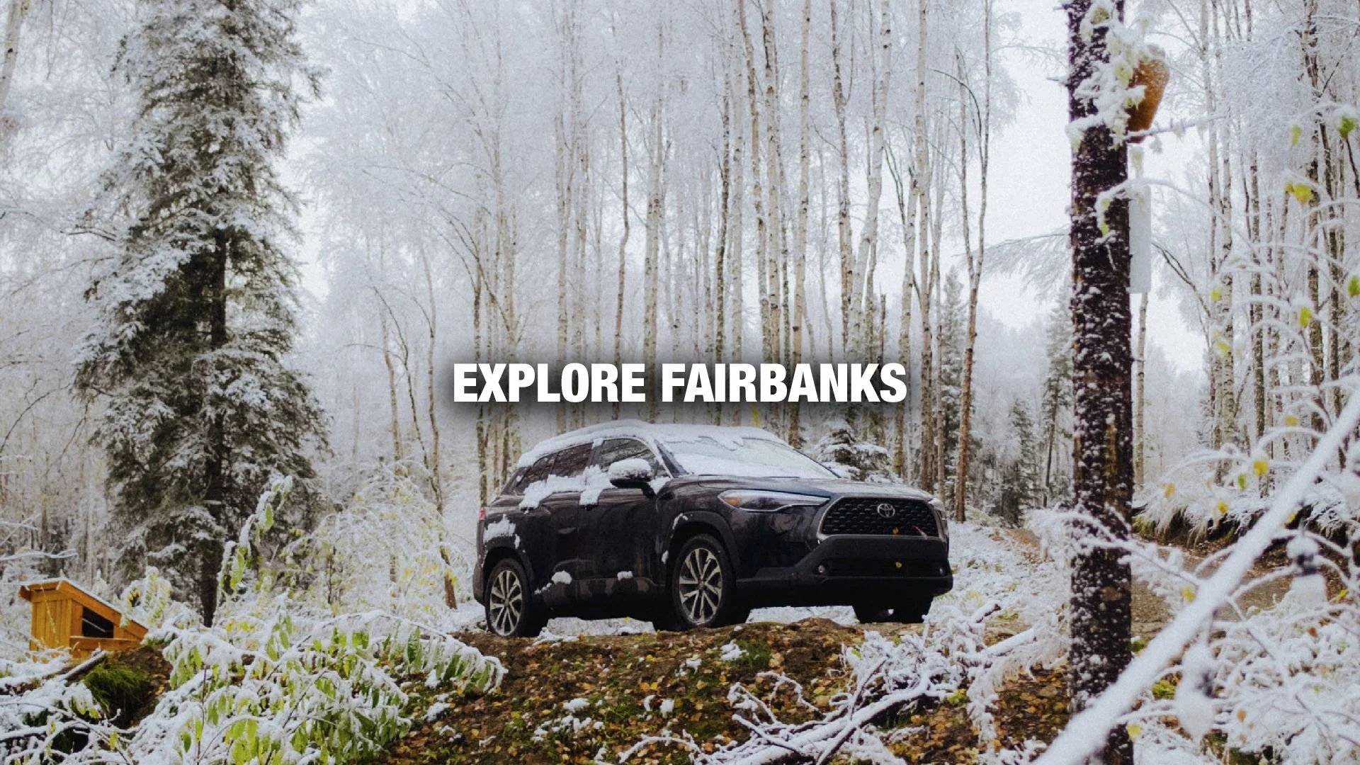 A black SUV parked on a snowy trail surrounded by snow-covered trees in a forest with a caption that reads 'Explore Fairbanks'.