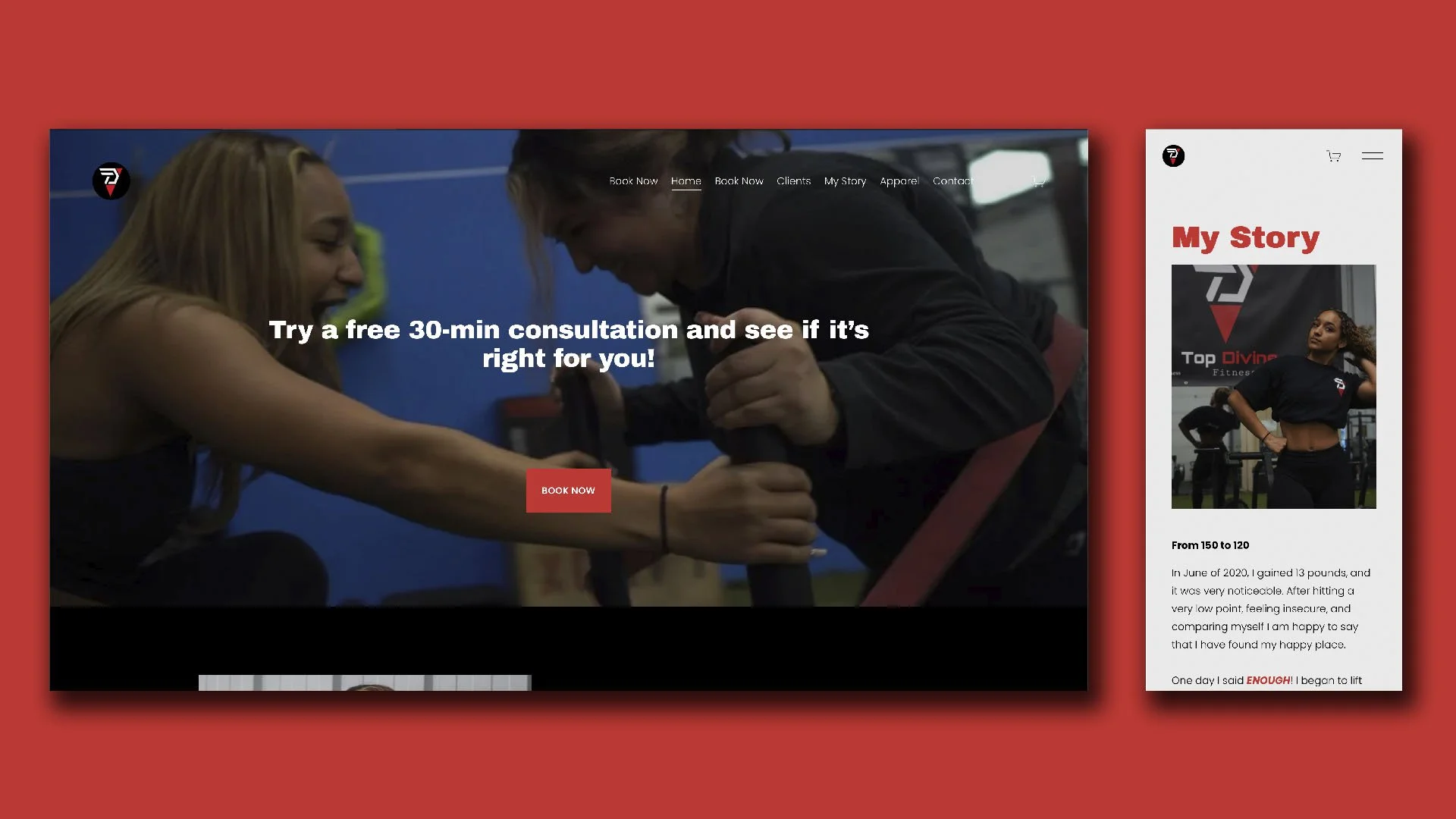 Website homepage for a fitness training service featuring a main banner with a woman and trainer, overlaid text offering a free consultation, and a secondary page with a story about a person's fitness journey, including images of a woman in workout clothes and a story text.