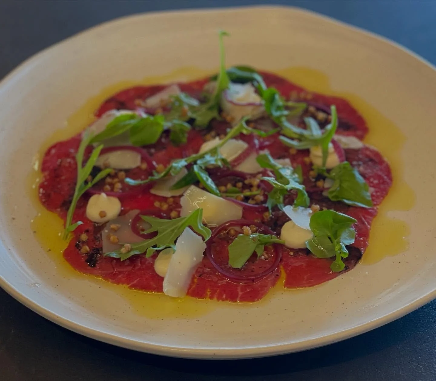 There&rsquo;s a new dish on the menu this weekend. 

Beef carpaccio (gf) + celeriac cream, pickled red onion, pecorino, rocket, toasted buckwheat + black garlic oil. 

Goes beautifully with the 2022 Reserve Pinot Noir or be one of the first to try wi