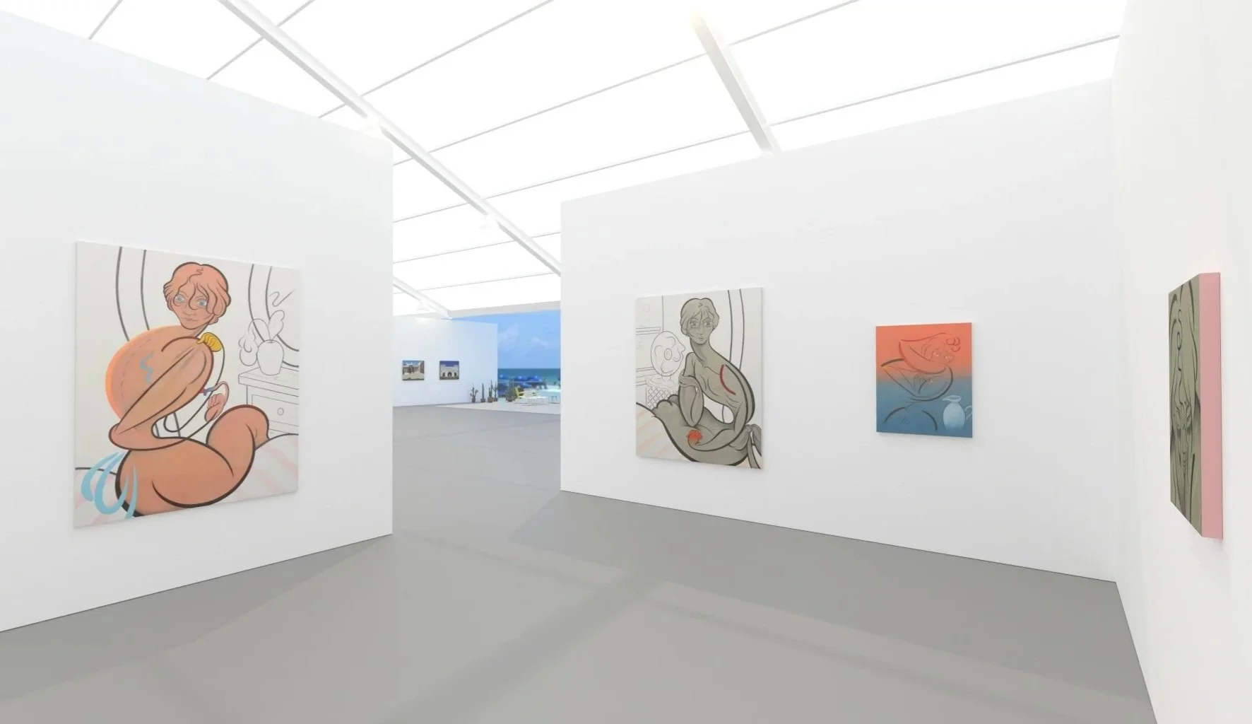 Eclectic art installation featuring colorful sculptures, modern furniture, patterned wallpaper, and decorative lighting.
