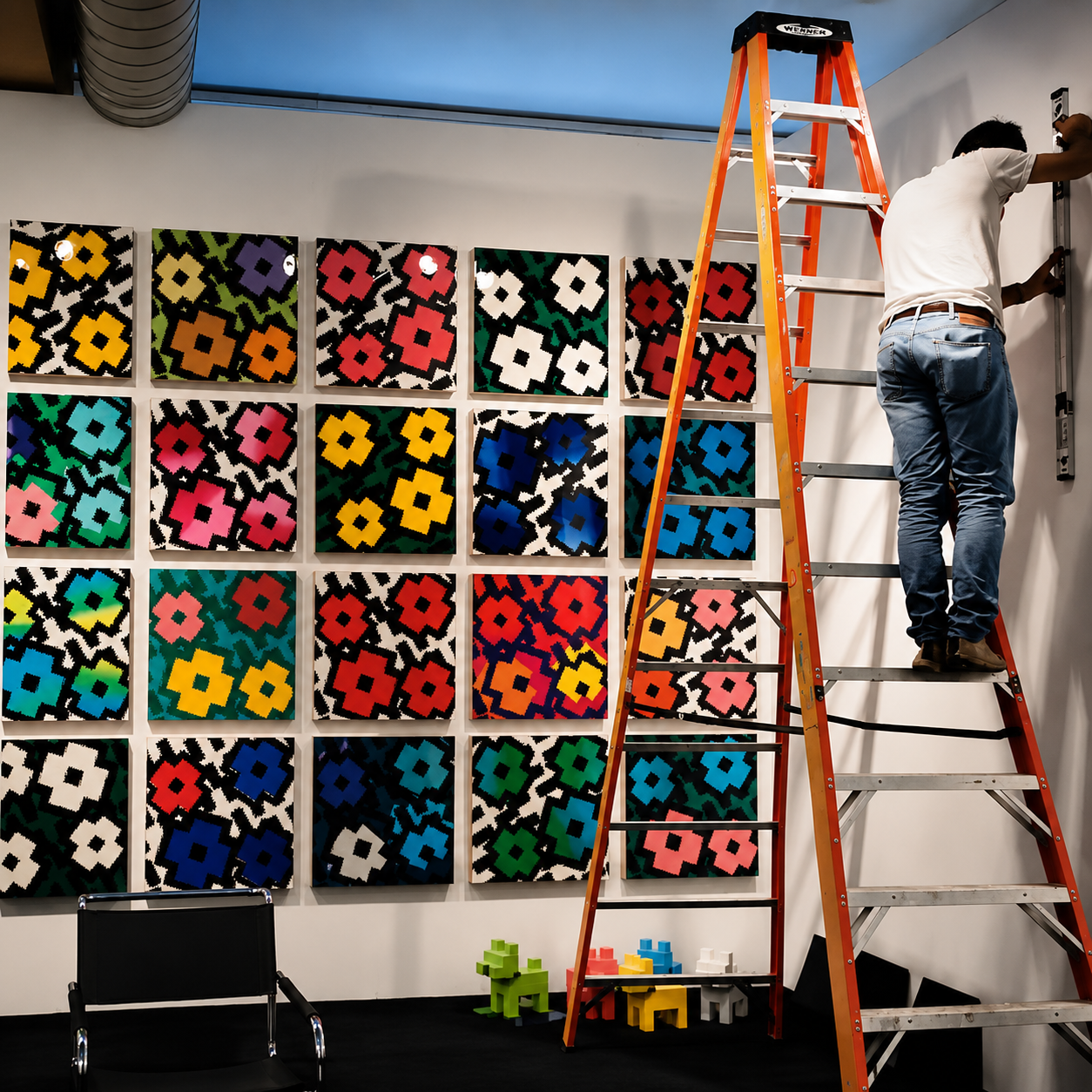 A man on a ladder installing or adjusting artwork in an art gallery featuring colorful geometric patterns on the wall.