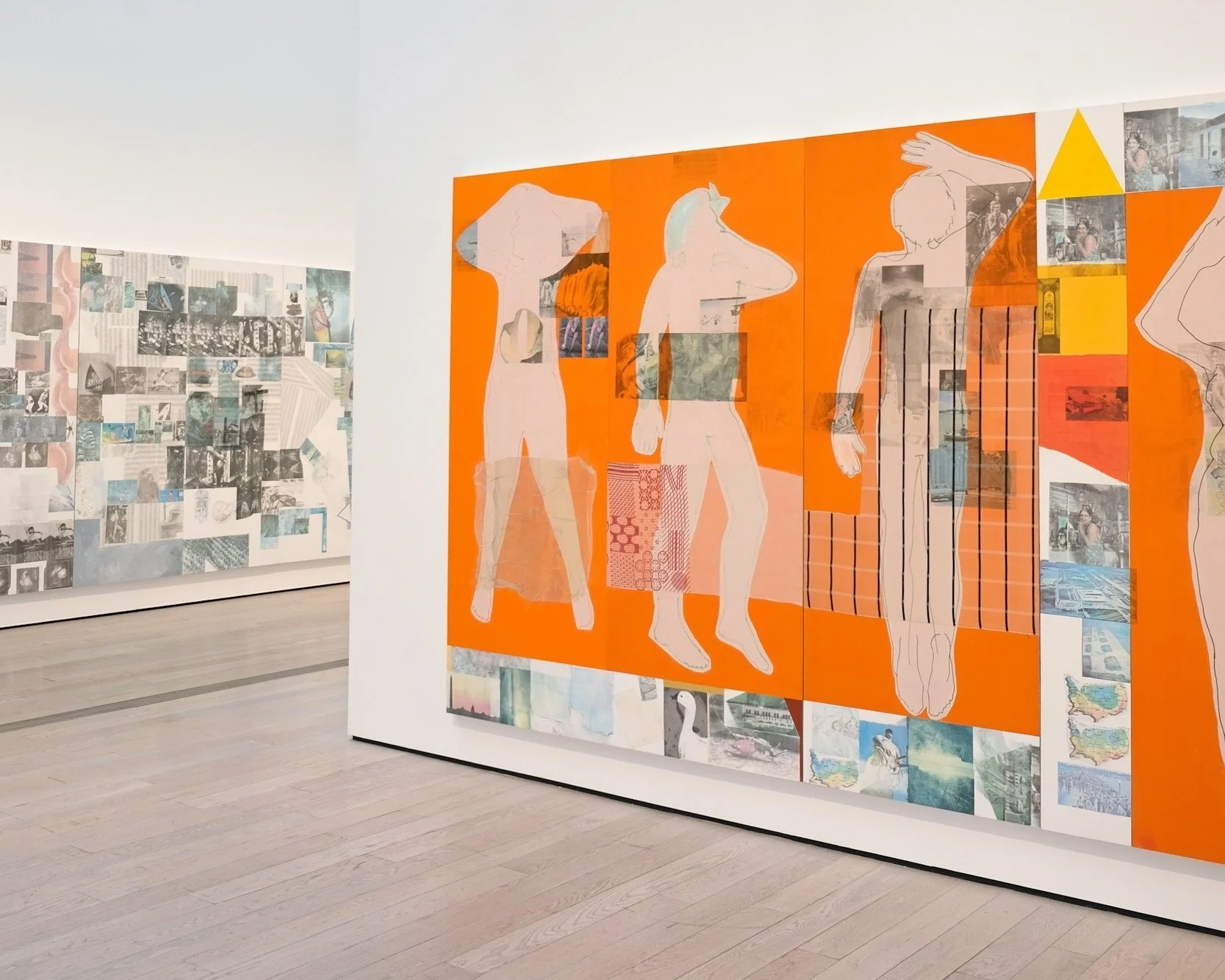 Art exhibit featuring a large colorful collage with line drawings of women, overlaid with photographs and patterns, on an orange background in a gallery space.