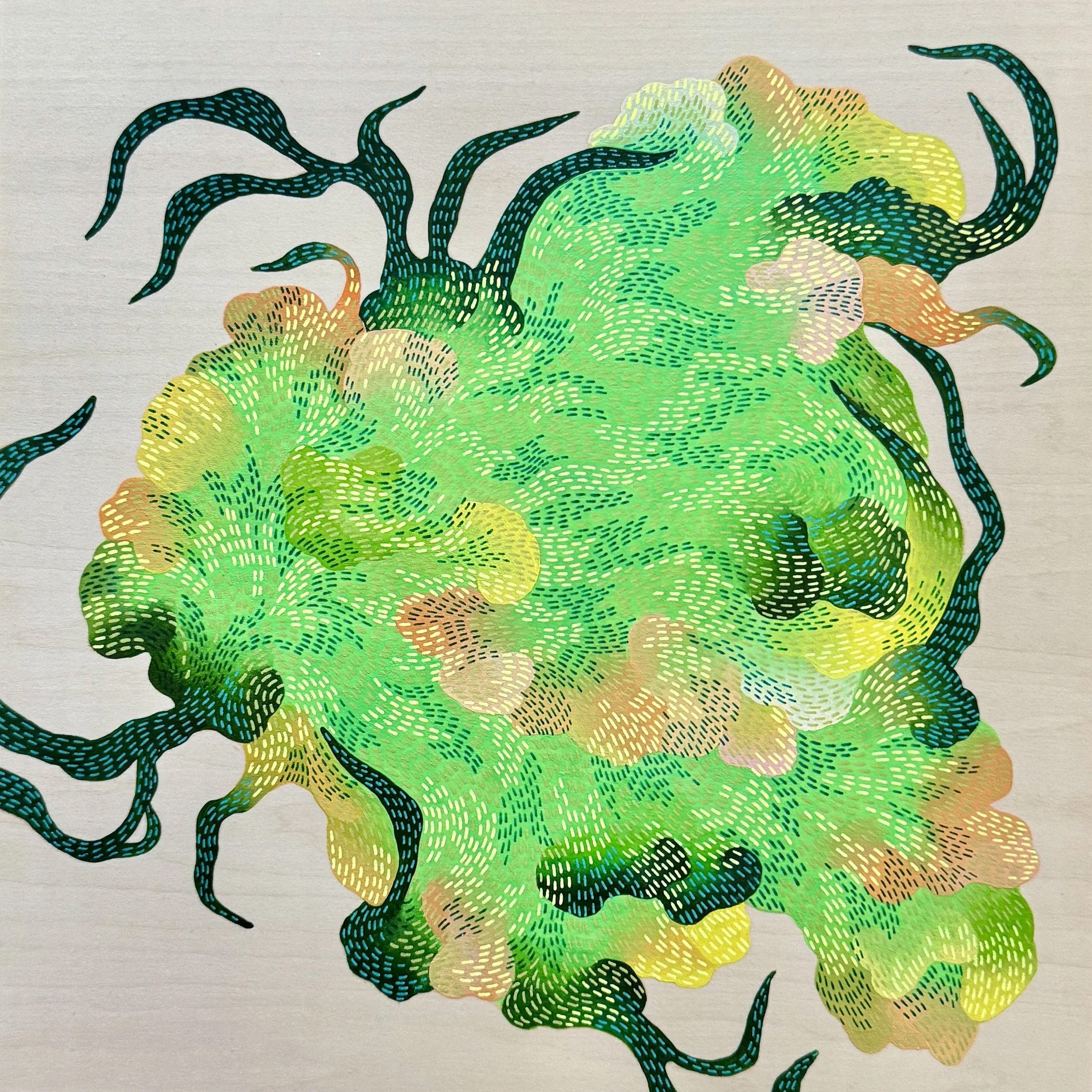 Three Sisters . 2026 . Acrylic and Ink on Wood Panel . 12 x 12 [in] . AVAILABLE . Contact me: motimakes@gmail.com