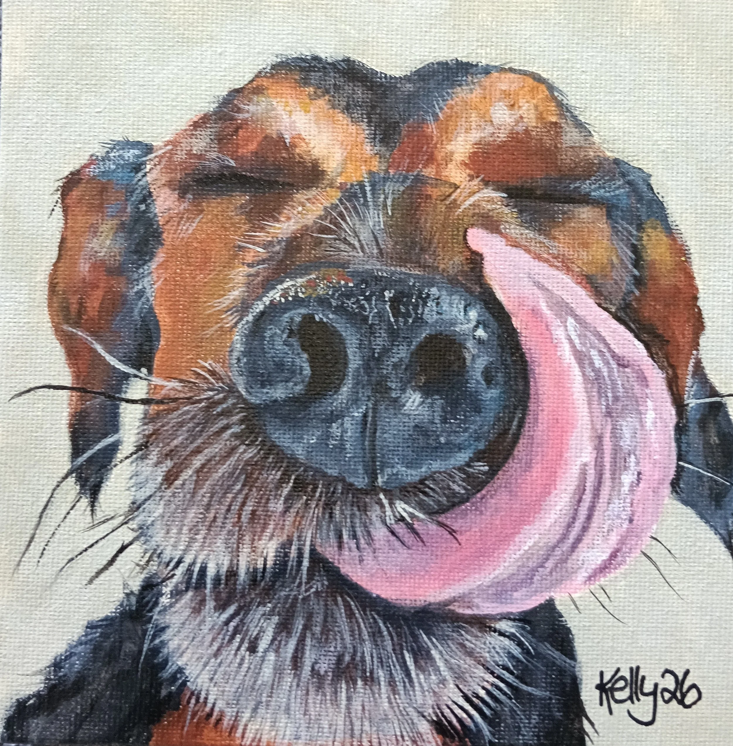 Painting of a happy dog with its eyes closed, tongue out, showing its nose and facial expression.