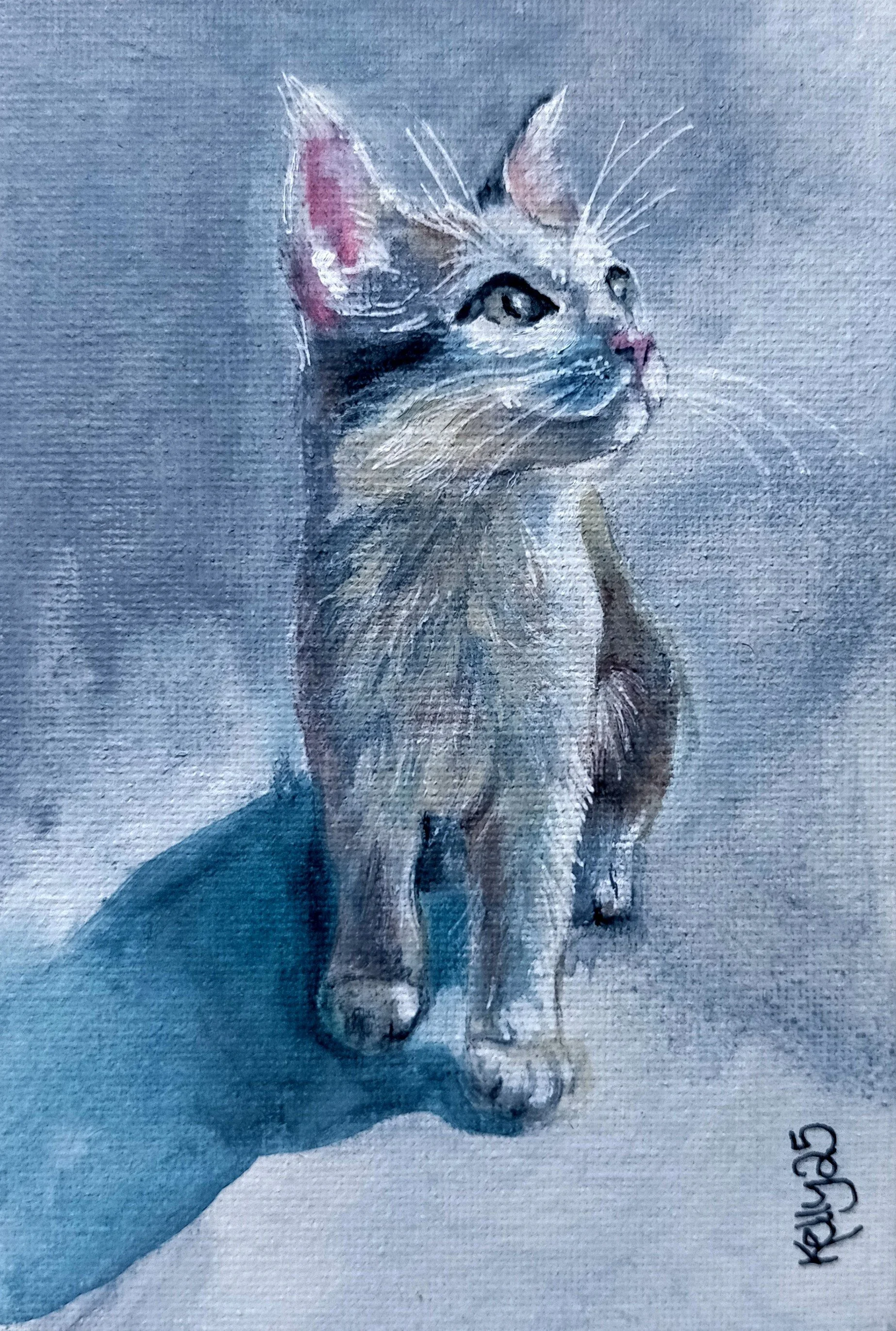 Watercolor painting of a kitten with a gray and white coat, large ears, and bright eyes, looking upward with a pink nose.