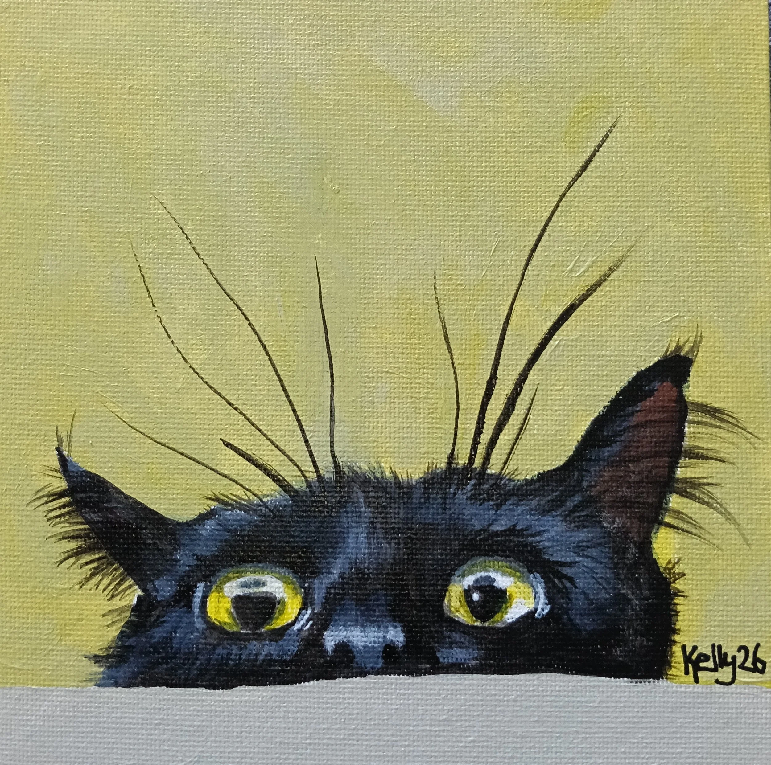 Painting of a black cat with yellow eyes peeking over a ledge, against a yellow background.
