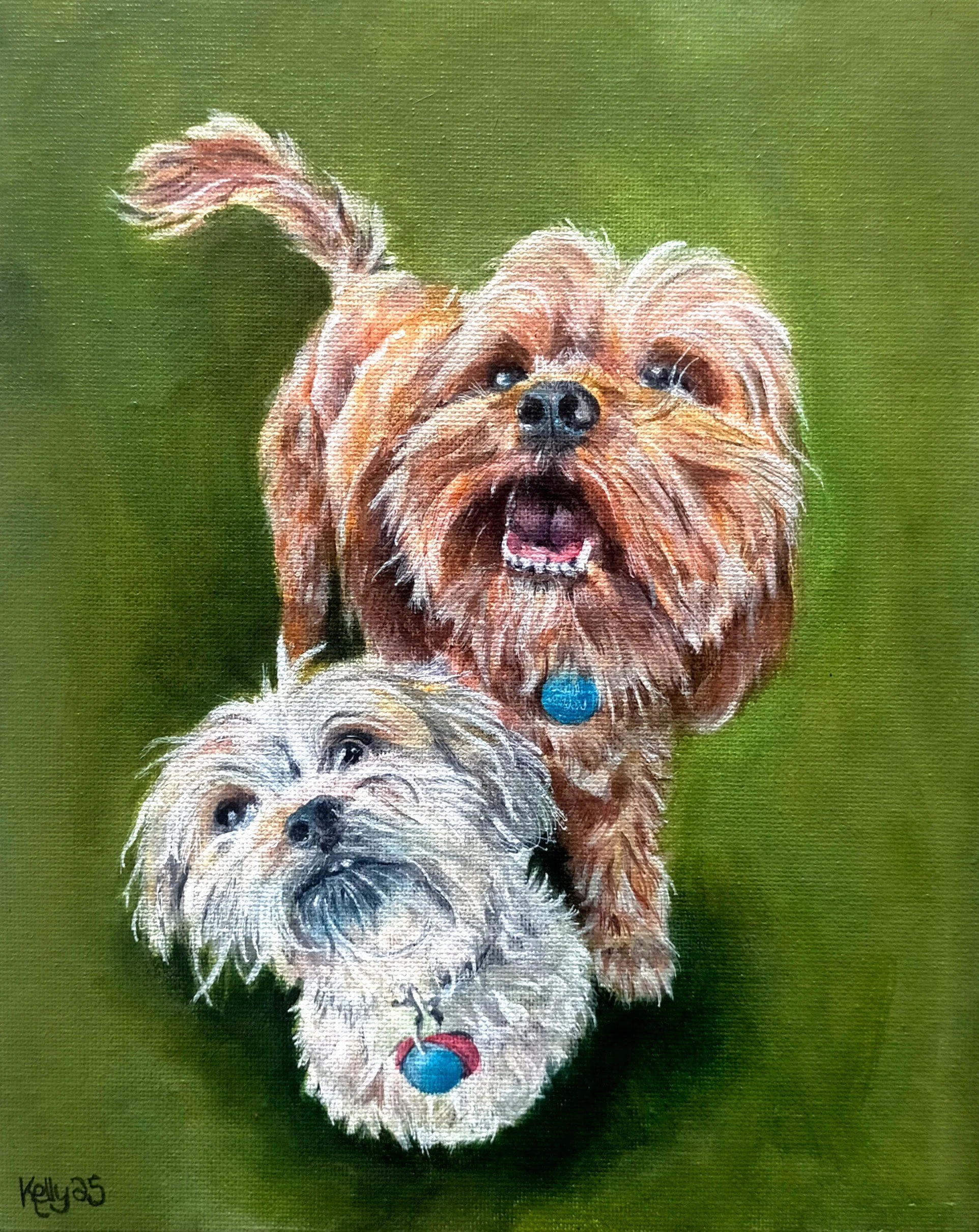 Painting of two Cavoodle dogs, one with brown fur and the other with white fur, standing on green grass and looking up.