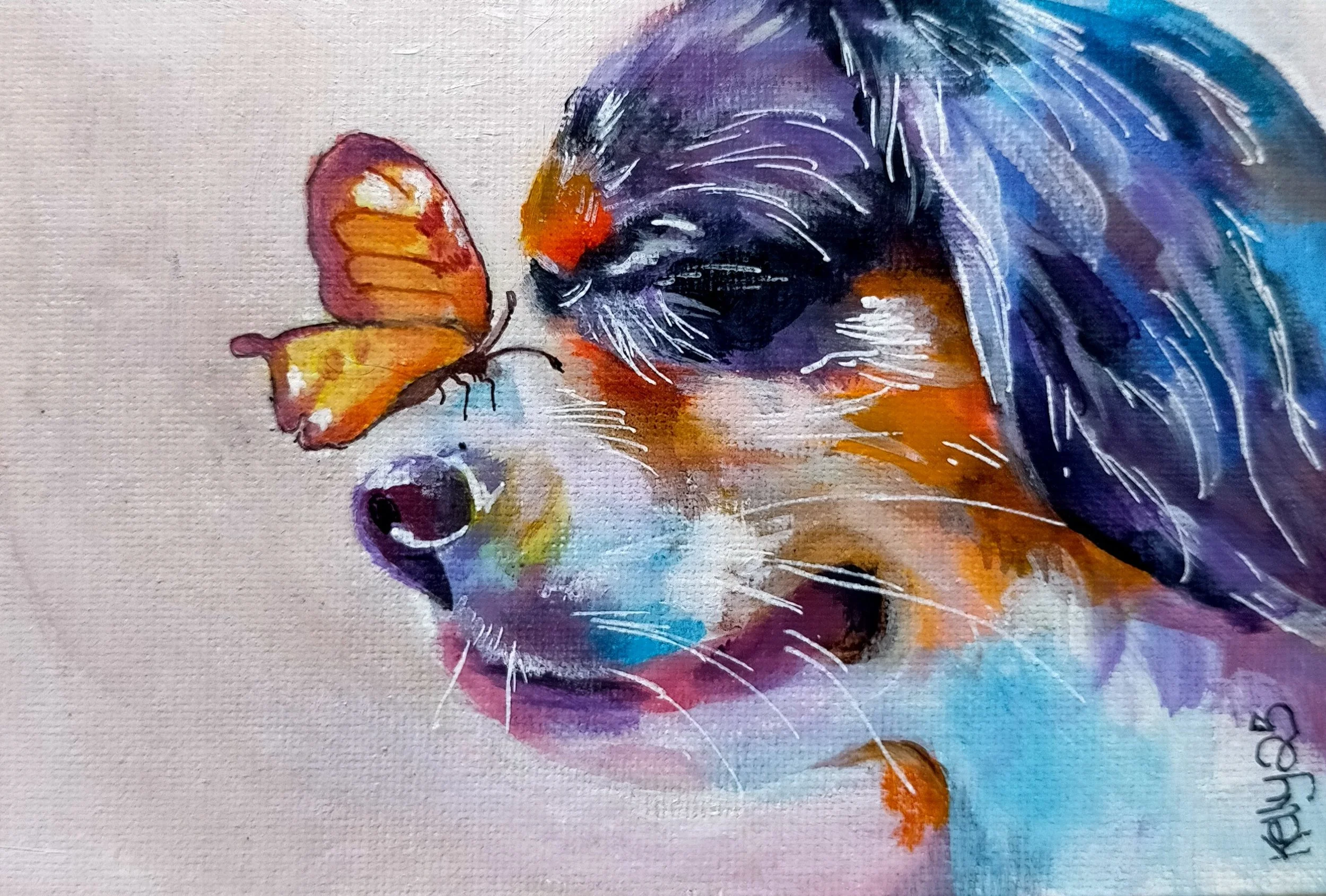 Painting of a dog with a butterfly resting on its nose, featuring vibrant colors including orange, purple, blue and yellow.