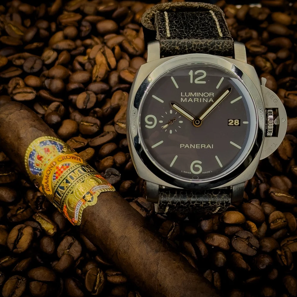 panerai tobacco dial Luminor PAM01731: The 44mm 6152/1 Reissue crown protective bridge PANERAI TITANIUM TOBACCO DIAL MINERVA