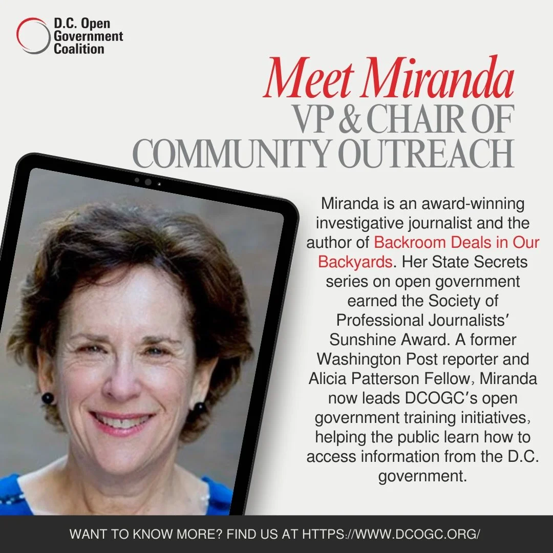 ✨ Meet Miranda ✨
DCOGC&rsquo;s VP &amp; Chair of Community Outreach, Miranda Spivack is an award-winning investigative journalist and author of Backroom Deals in Our Backyards. She leads our open government training initiatives&mdash;helping the pub