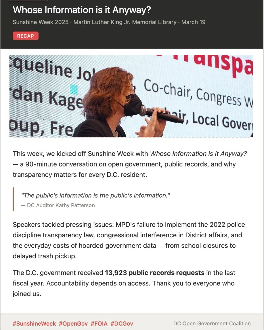 Last week we asked: whose information is it anyway?

Our #SunshineWeek 2025 panel tackled police transparency, congressional interference in D.C. affairs, and the everyday costs of government secrecy.

&ldquo;The public&rsquo;s information is the pub