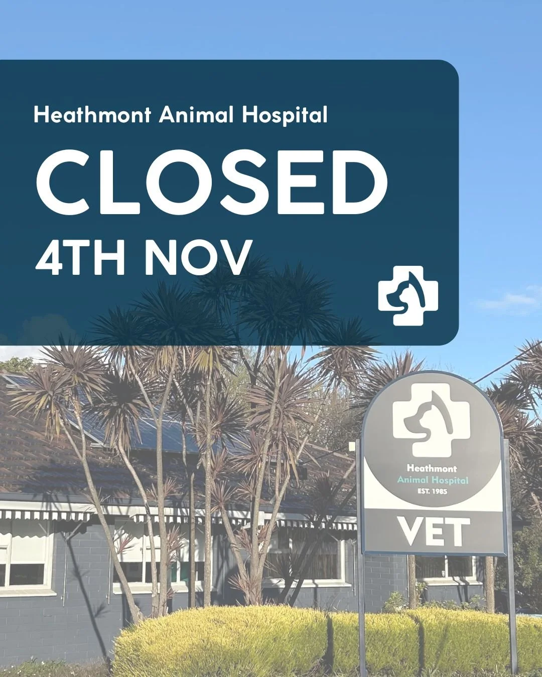 We will be closed for the Public Holiday on Tuesday 4th of November. We will be back to normal hours the following day, Wednesday 5th November from 8:30am-7:30pm. Please contact the Melbourne Animal Specialist Hospital (MASH) if your pet requires med