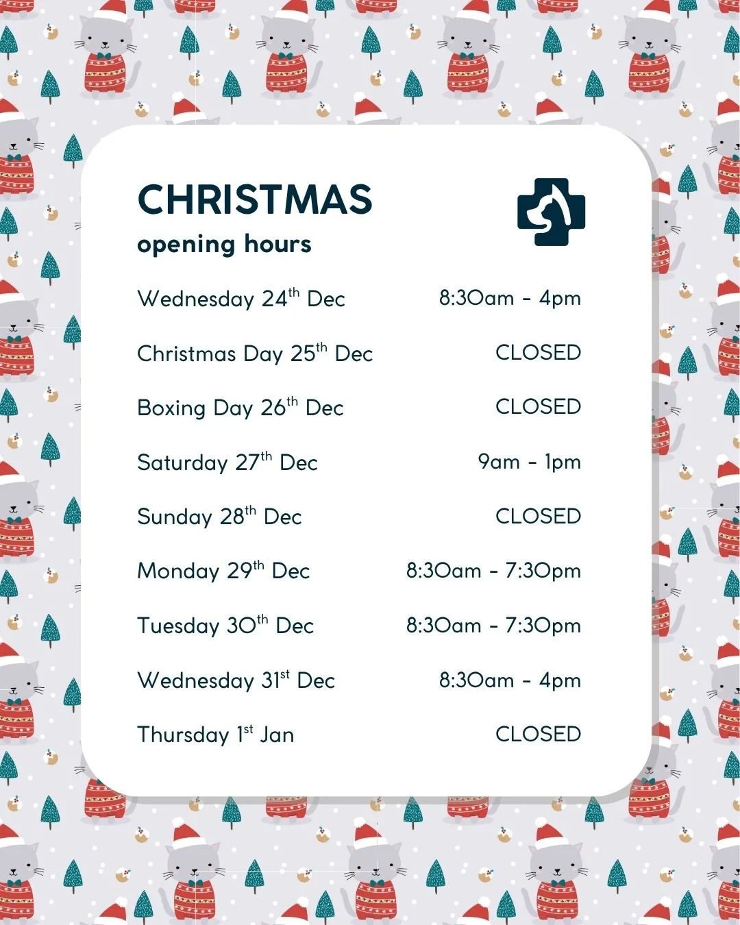 We will be closed for some days over the Christmas and New Year holiday period. We will be closed Christmas Day, Thursday 25th December, Boxing Day Friday 26th of December and New Years Day Thursday 1st January.

Please contact the Melbourne Animal S