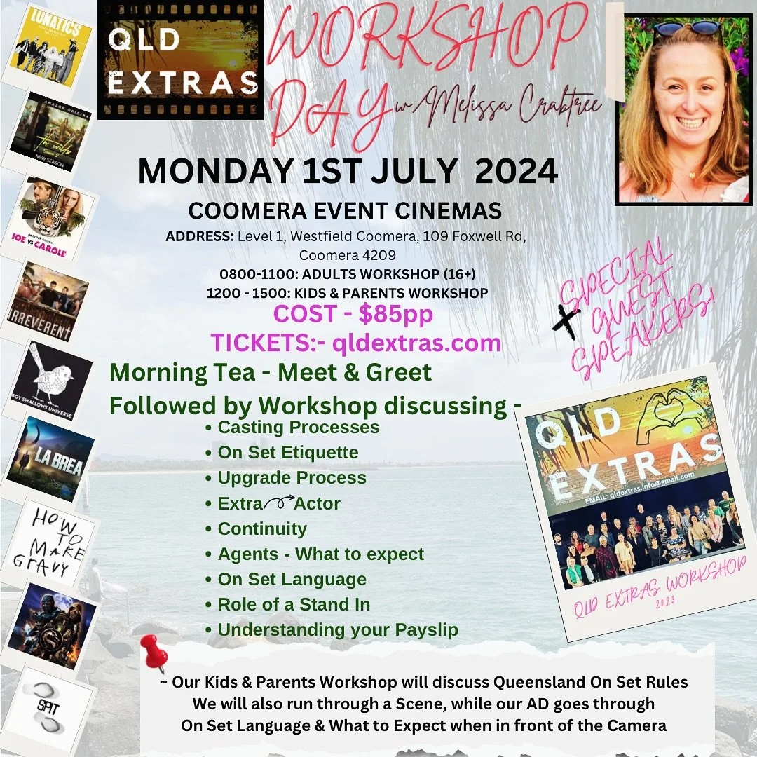 We are so excited for the upcoming QLD Extras Workshops - Monday July 1st @eventcinemascoomera 
Tickets are on Sale @ qldextras.com 🎟️👍

We would love to see more Kids &amp; Parents coming to the Afternoon session. 
It will be a very informative af