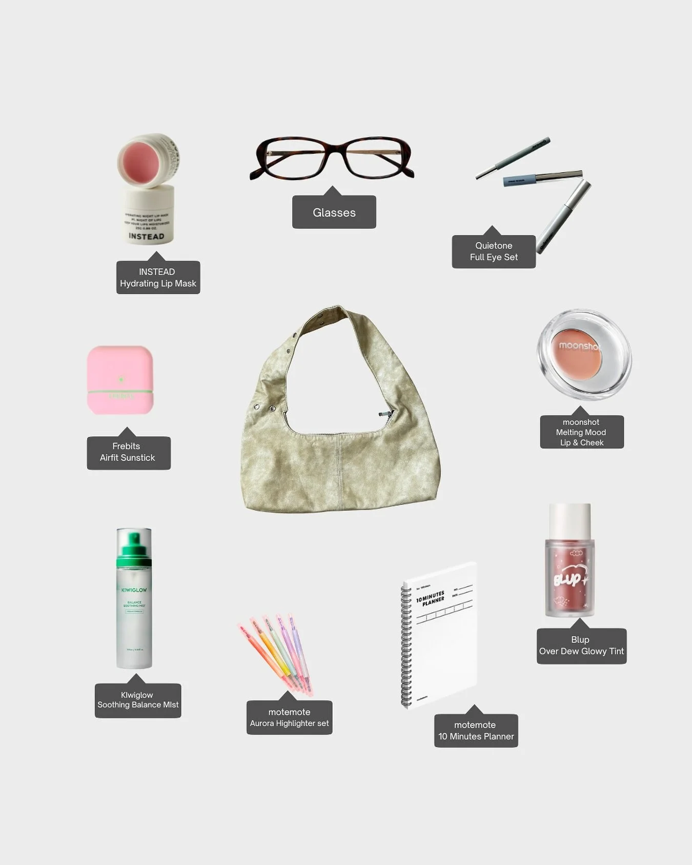 Our daily bag essentials. 

Shop these products and more at the link in bio. 

#kbeauty #stationary #whatsinmybag #everydaymakeup #facemist #Corekive