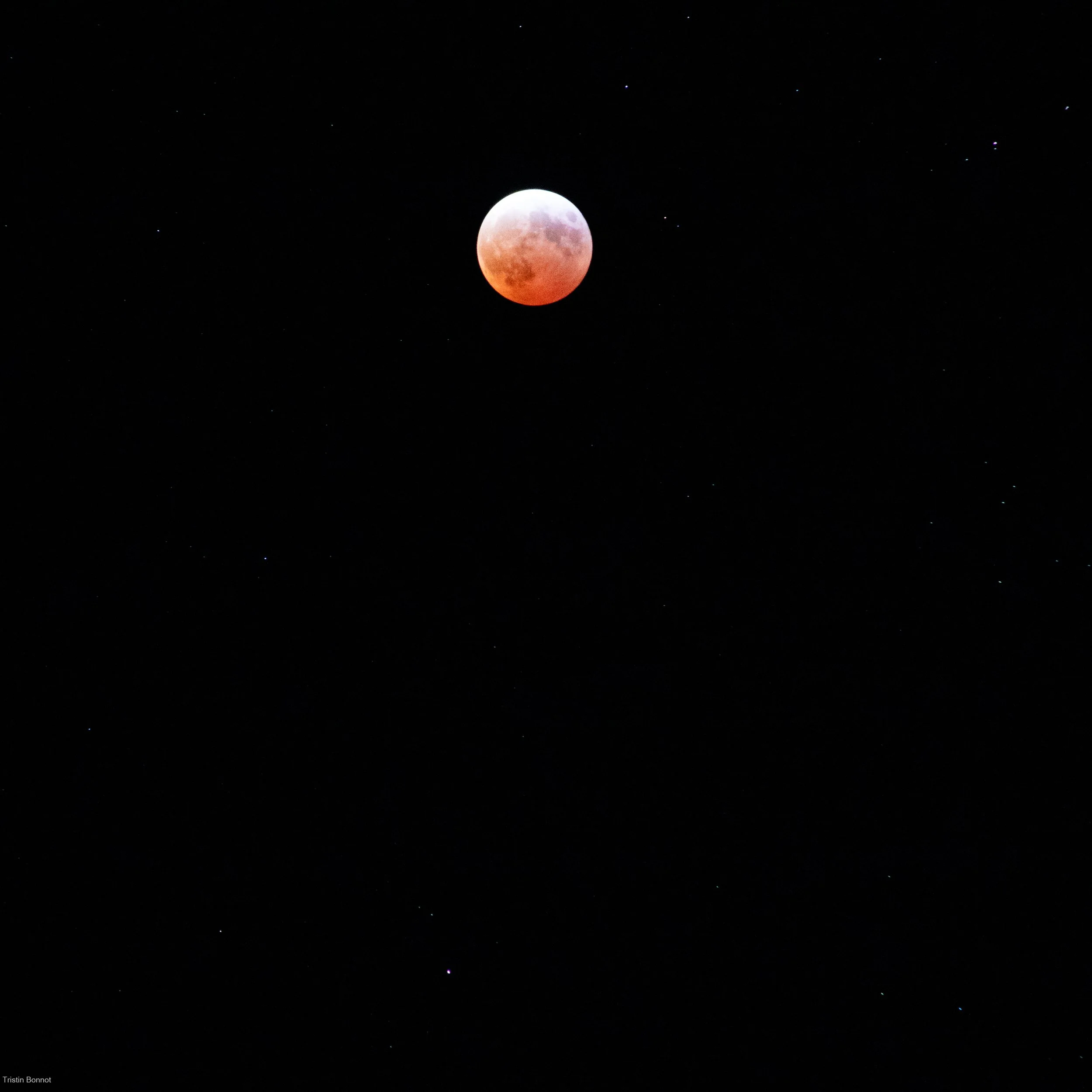 A photo of the moon during a blood moon, showing a reddish hue against a black starry sky.