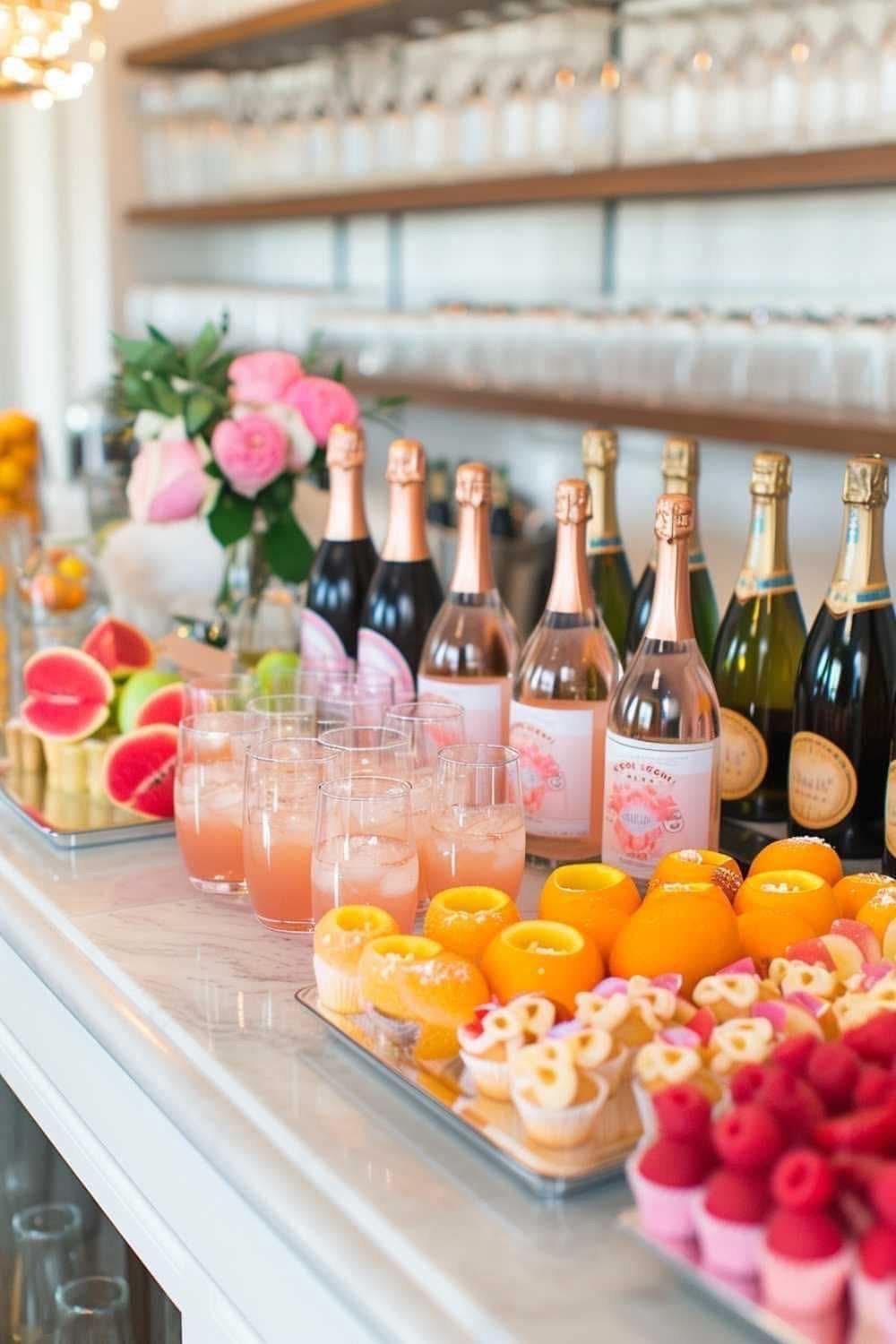 A table with bottles of rosé wine, glasses of pink drink, and various decorated pastries and fruit, with a flower arrangement in the background.