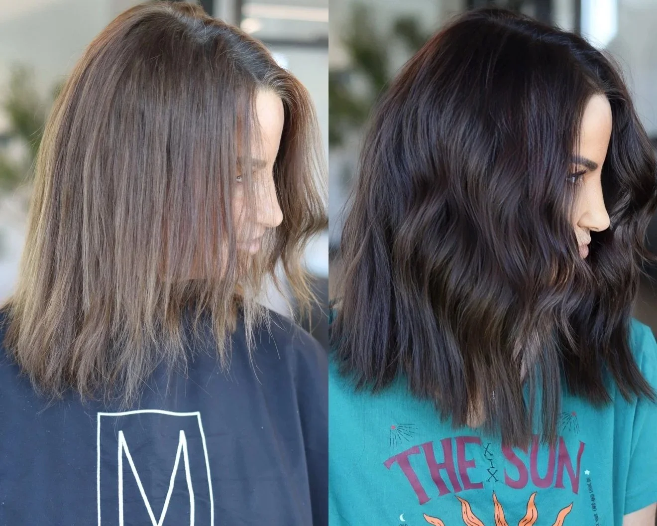 Side-by-side comparison of woman's hair before and after color treatment, showing change from light brown to dark brown with waves.