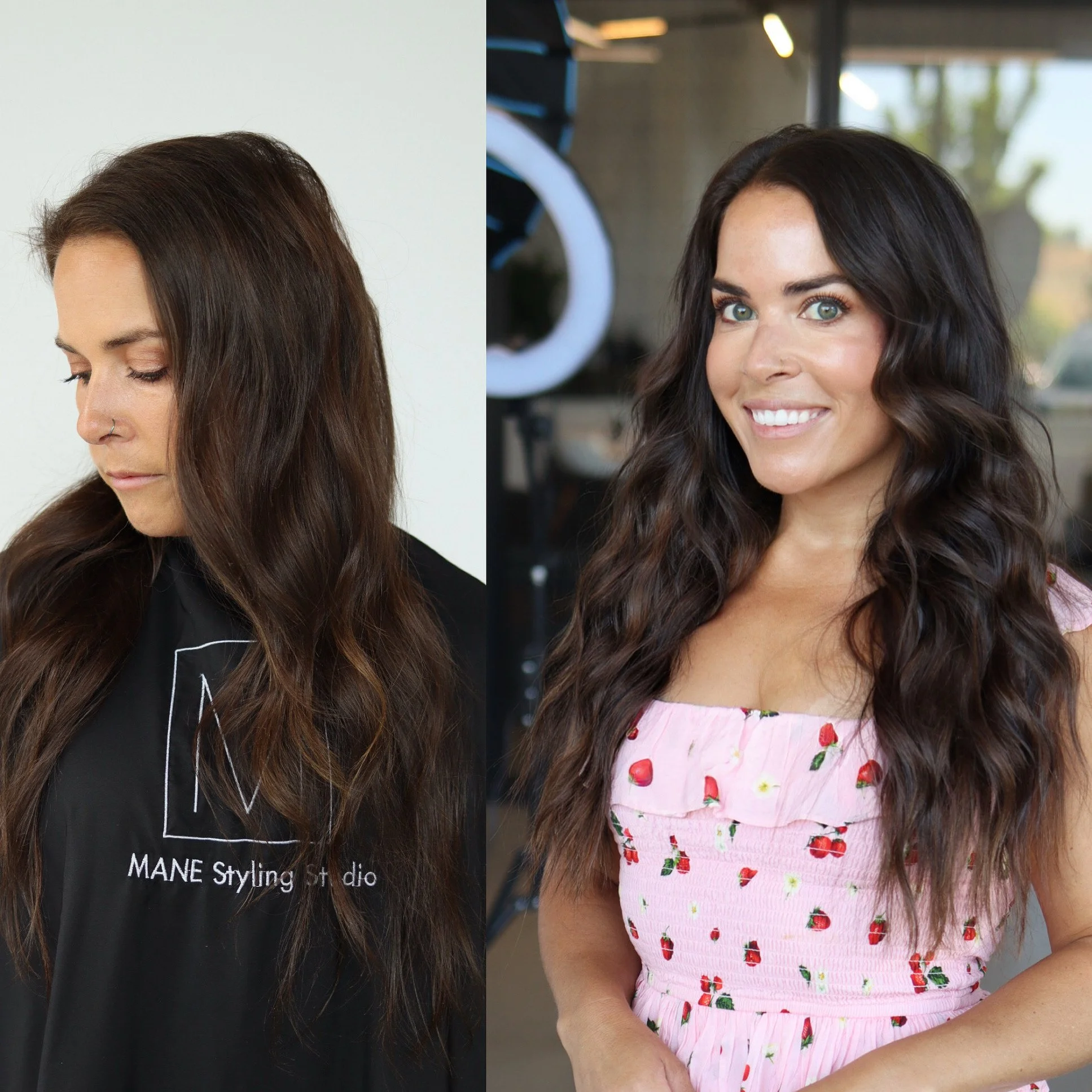 Comparison of a woman's hair before and after styling, with the left side showing her with straight, unstyled hair at a salon and the right side showing her with styled, wavy hair smiling in a casual setting.