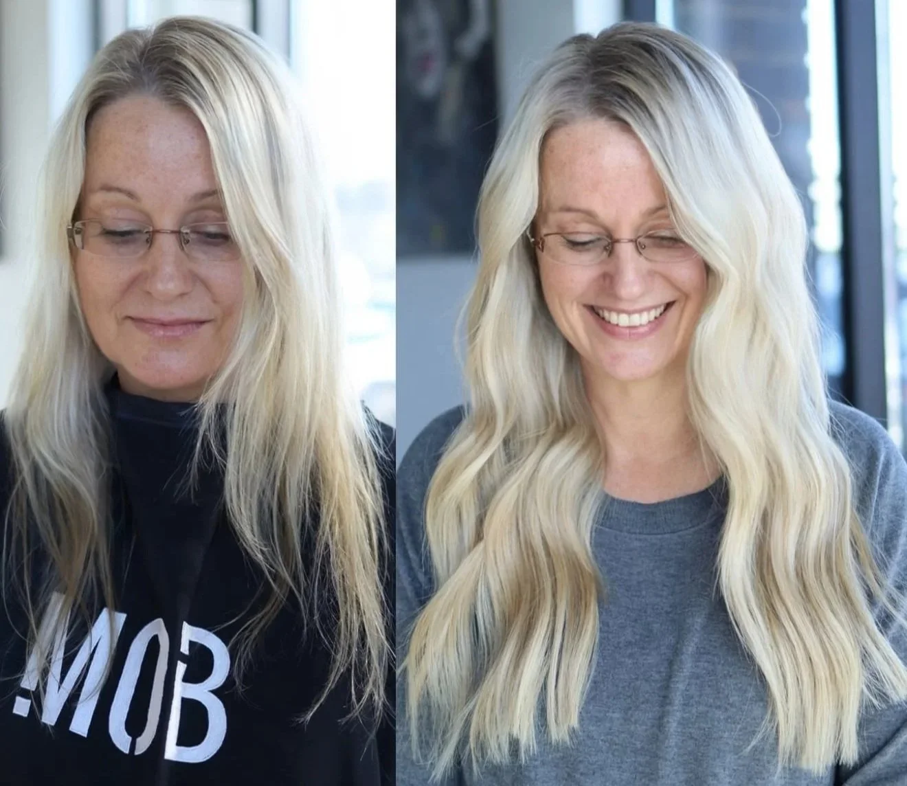 Side-by-side comparison of a woman with long, wavy blonde hair, wearing glasses; before and after her hair coloring and styling, smiling in the after photo.