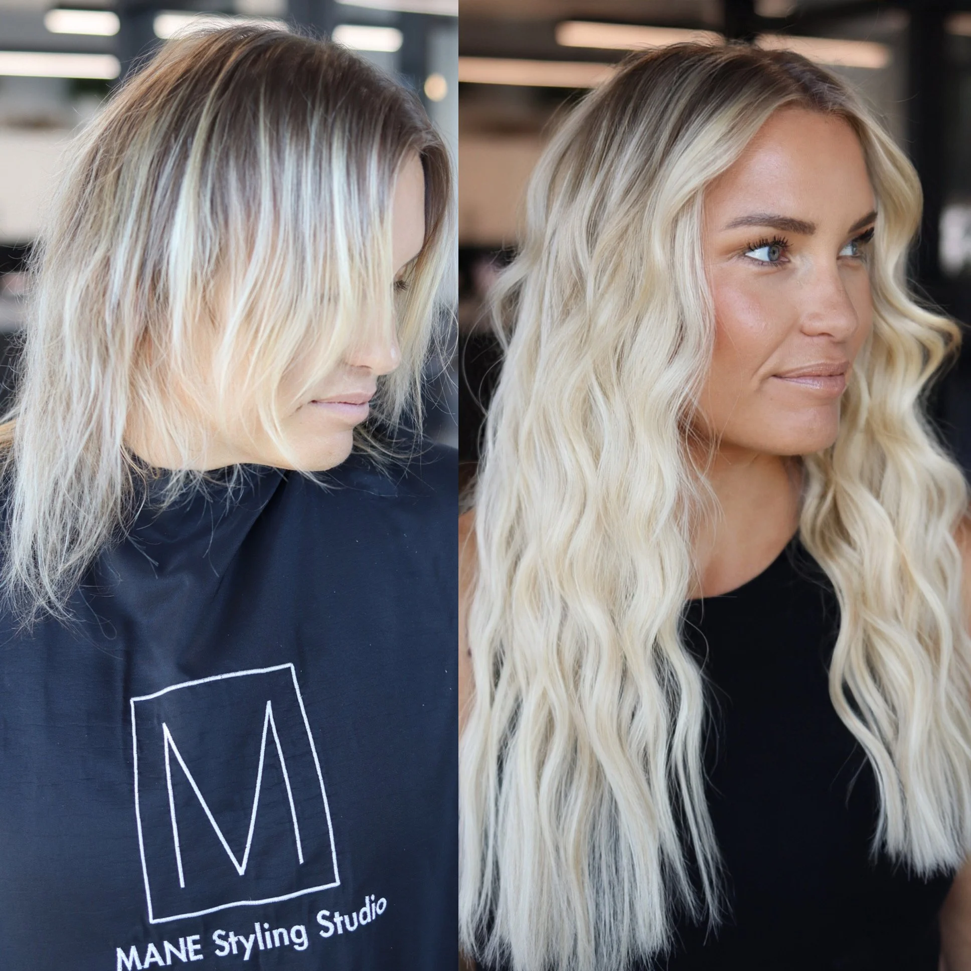 Side-by-side comparison of a woman before and after a hair transformation, showing blonde hair with loose waves.