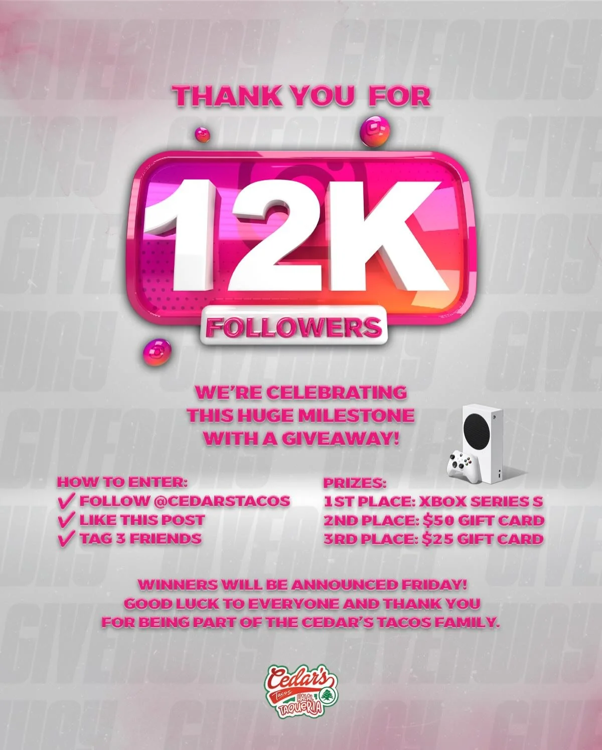 BOOM 💥😎
Let&rsquo;s get this one going cedars fam 🧡
We will be spending the wheel on Friday night at Cedar tacos on our Instagram live. Good luck to everyone. Let&rsquo;s get it. 🙌🏽
#giveaway #giveaways #fyp