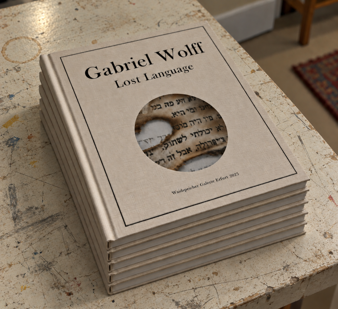 Stack of six linen-bound copies of the exhibition catalogue Gabriel Wolff: Lost Language, with a circular cut-out showing burnt Hebrew text, on a white table.