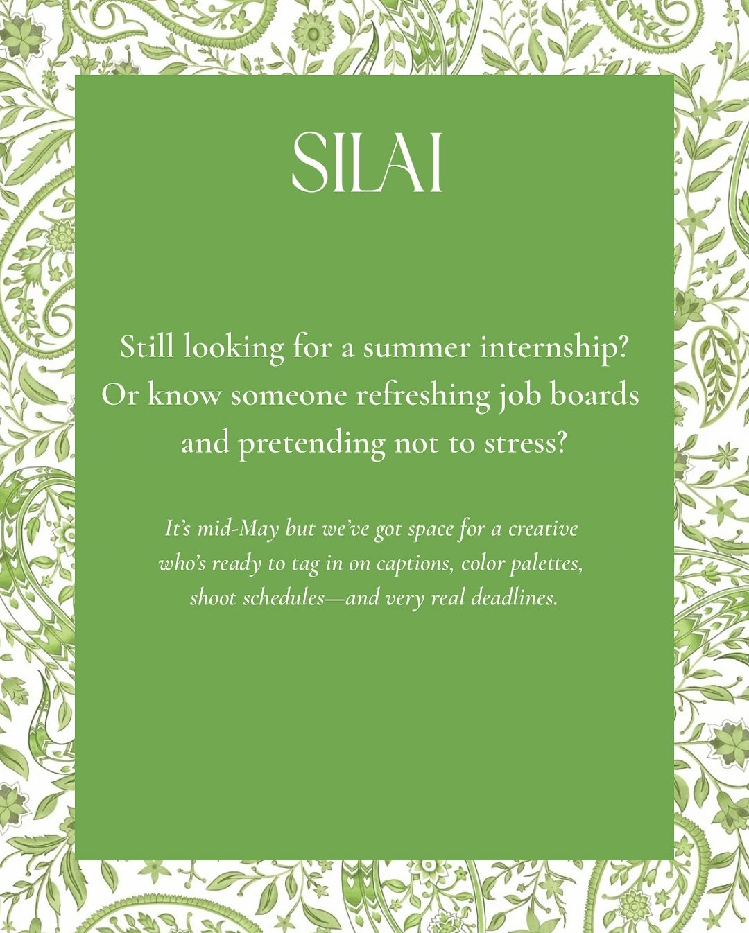 Still looking for a summer internship? We&rsquo;ve got a good one!

Social media + Marketing + Startup Energy

🔗 Link in bio.

Summer Internship // Marketing // DMV Area // Fashion Brand Hiring// #silaithelabel