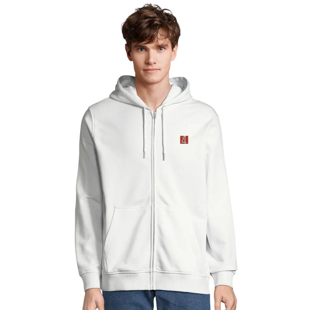 Organic Unisex Zip Hoodie small red 4 left breast embroided.