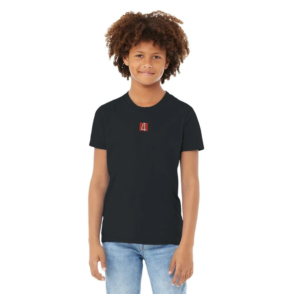 Premium Kids Crew neck T-shirt, small red front center embroided.