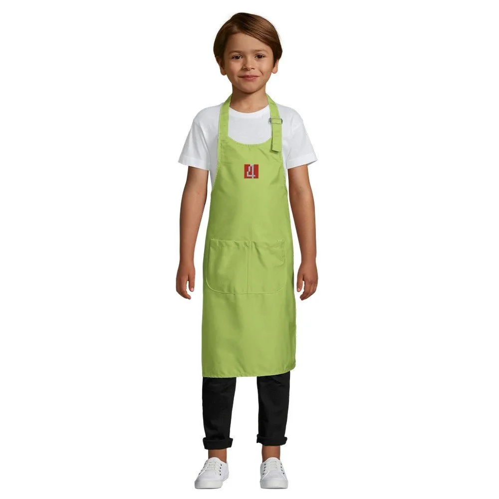 Kids Apron with Pocket front center red embroided