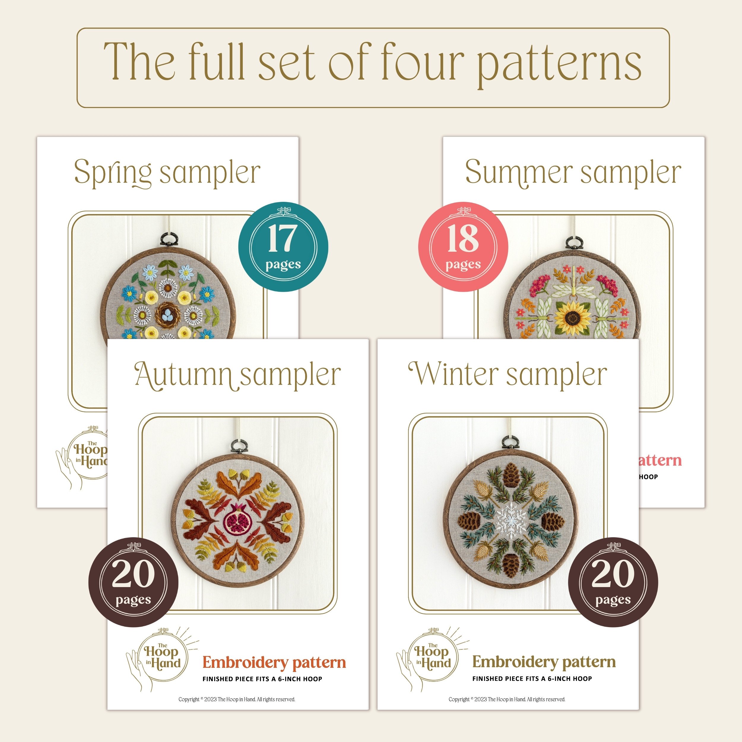 Four seasons samplers, hand embroidery, preview of PDF patterns