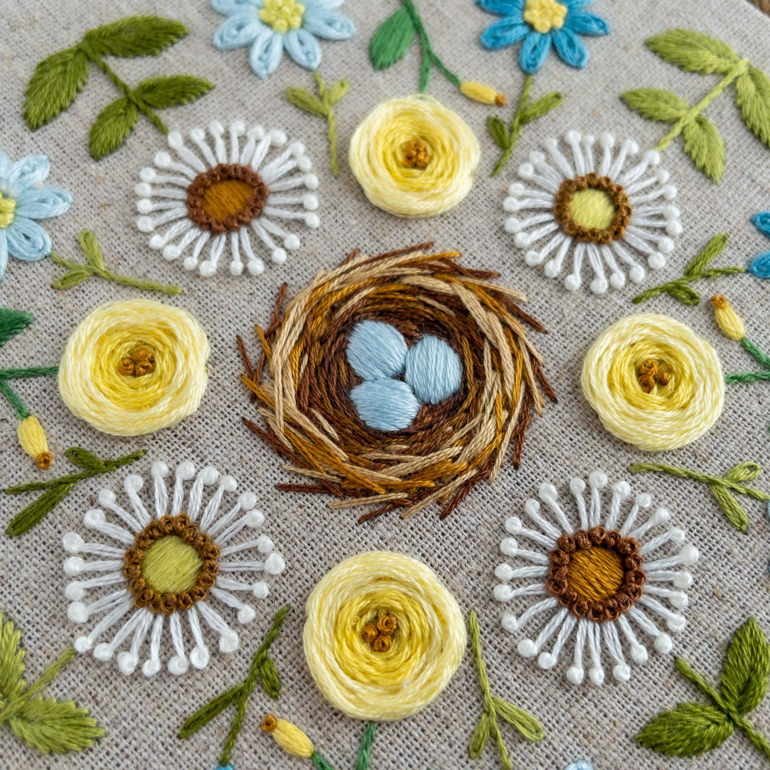 Spring sampler with birds nest, hand embroidery