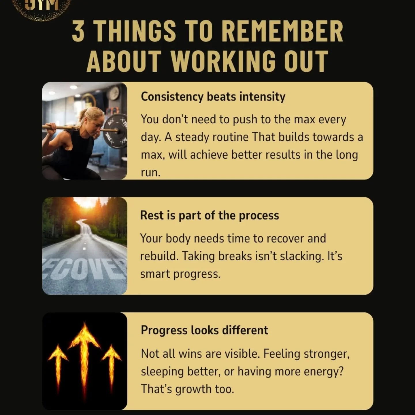 Consistency beats intensity.
Rest is part of the process.
Progress looks different for everyone.

Three things to remember when you&rsquo;re training 👇

You don&rsquo;t need to go all-out every session to get results,  you just need to keep showing 