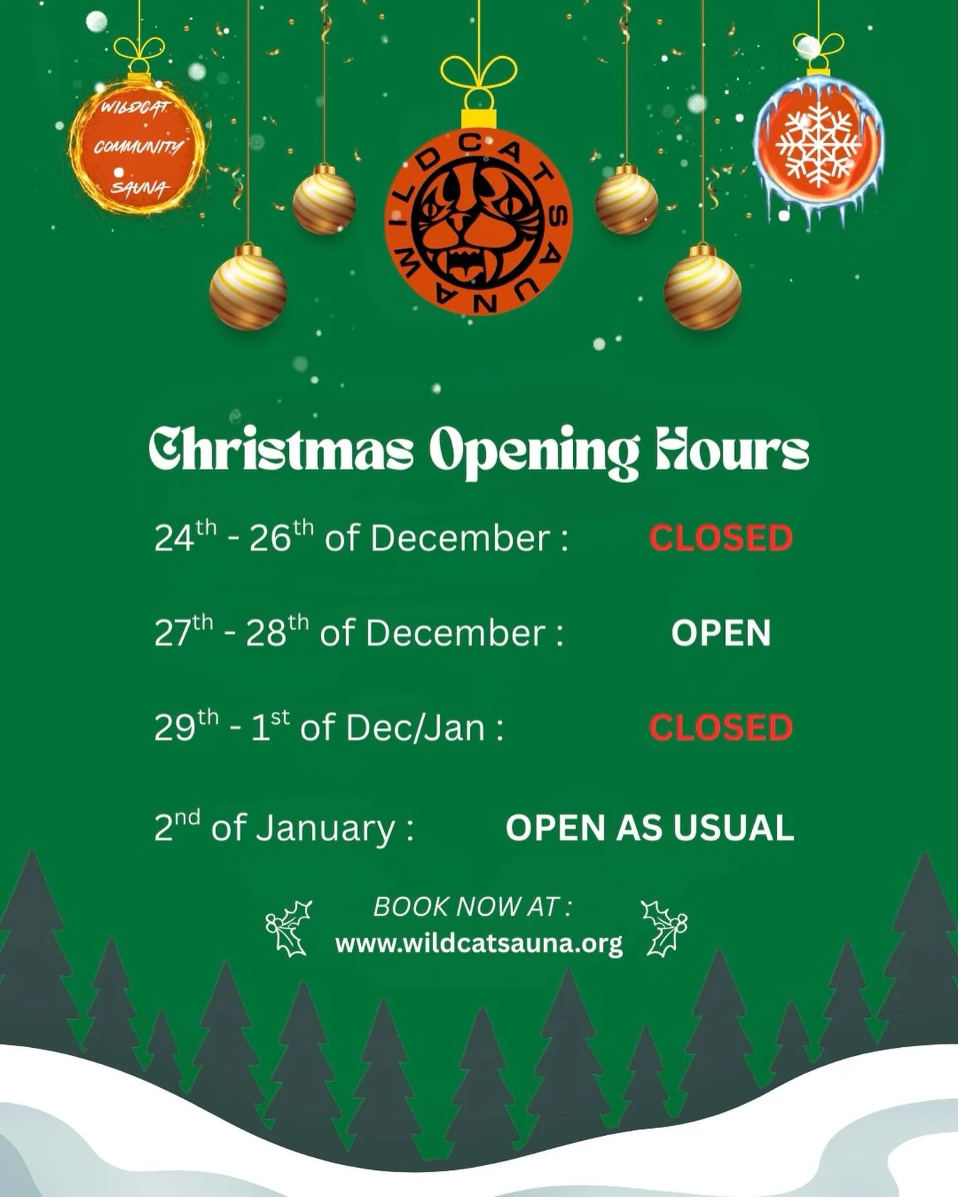 We&rsquo;re open as usual up until Christmas Eve, then our friendly team will be taking some well deserved time off🎄✨

We&rsquo;ll be open during our usual hours on all open days! Pop by and get your last sauna&rsquo;s &amp; cold plunges of the year