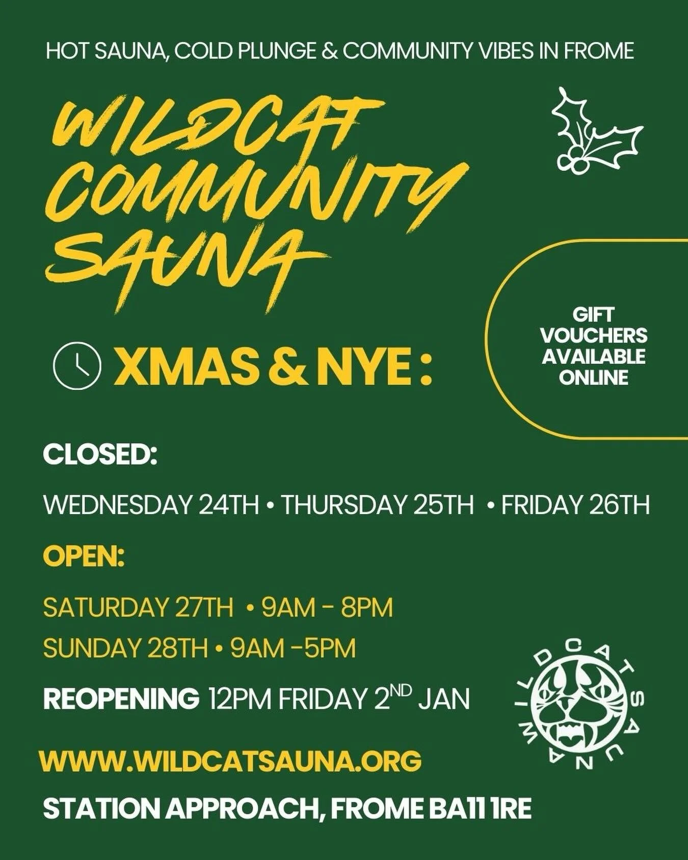 Reminder ✨

Our doors are closed for the holidays now. We&rsquo;ll be bringing the Twixtmas warmth to Frome at the weekend:

Sat 27th 🔥 9am to 8pm
Sunday 28th 🔥 9am to 5pm

Then we slide back into hibernation til 2nd Jan. Join us for a sauna at the