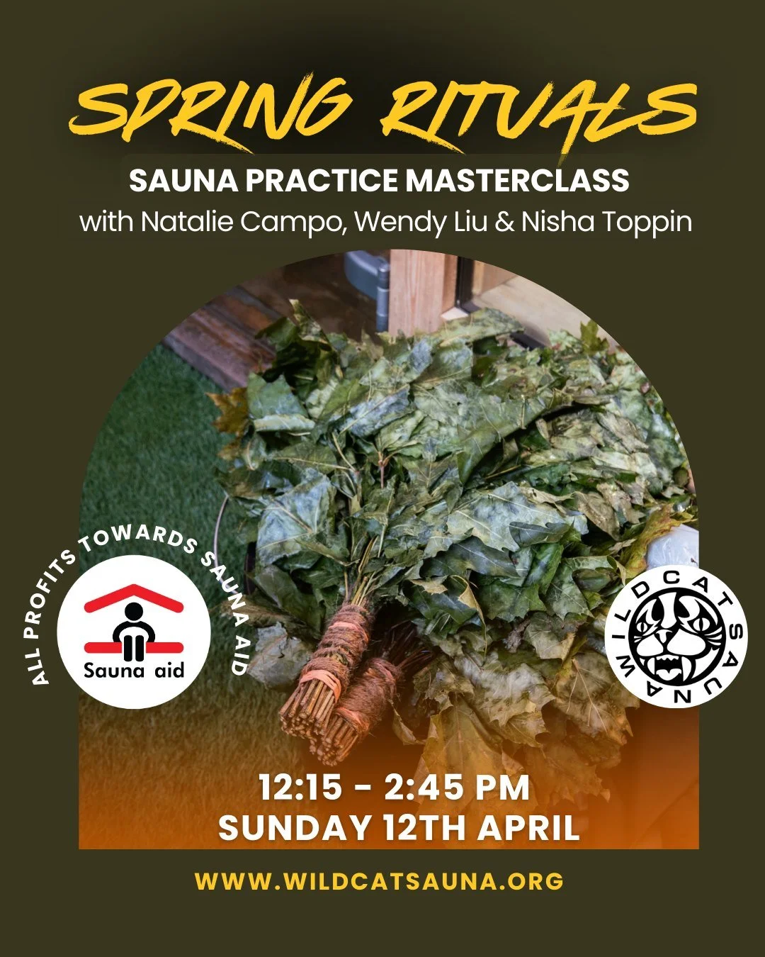 🌿 💫 Sauna Rituals Masterclass and fundraiser for @sauna.aid 
Led by sauna masters
- Natalie Campo, @SakuraSaunaHaus 
- Wendy Liu @SaunaWave 
- Nisha Toppin, Essential Oil Goddess @nisha.toppin 

Natalie is trained in Lithuanian Pirtis and Aufguss s